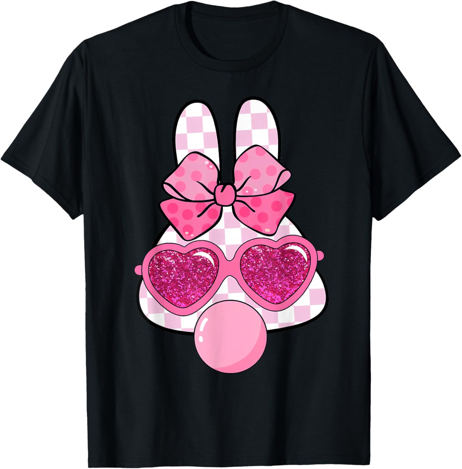 Checkered Bunny with Bubble Gum Coquette Bow Easter T-Shirt for Fun Style - 15