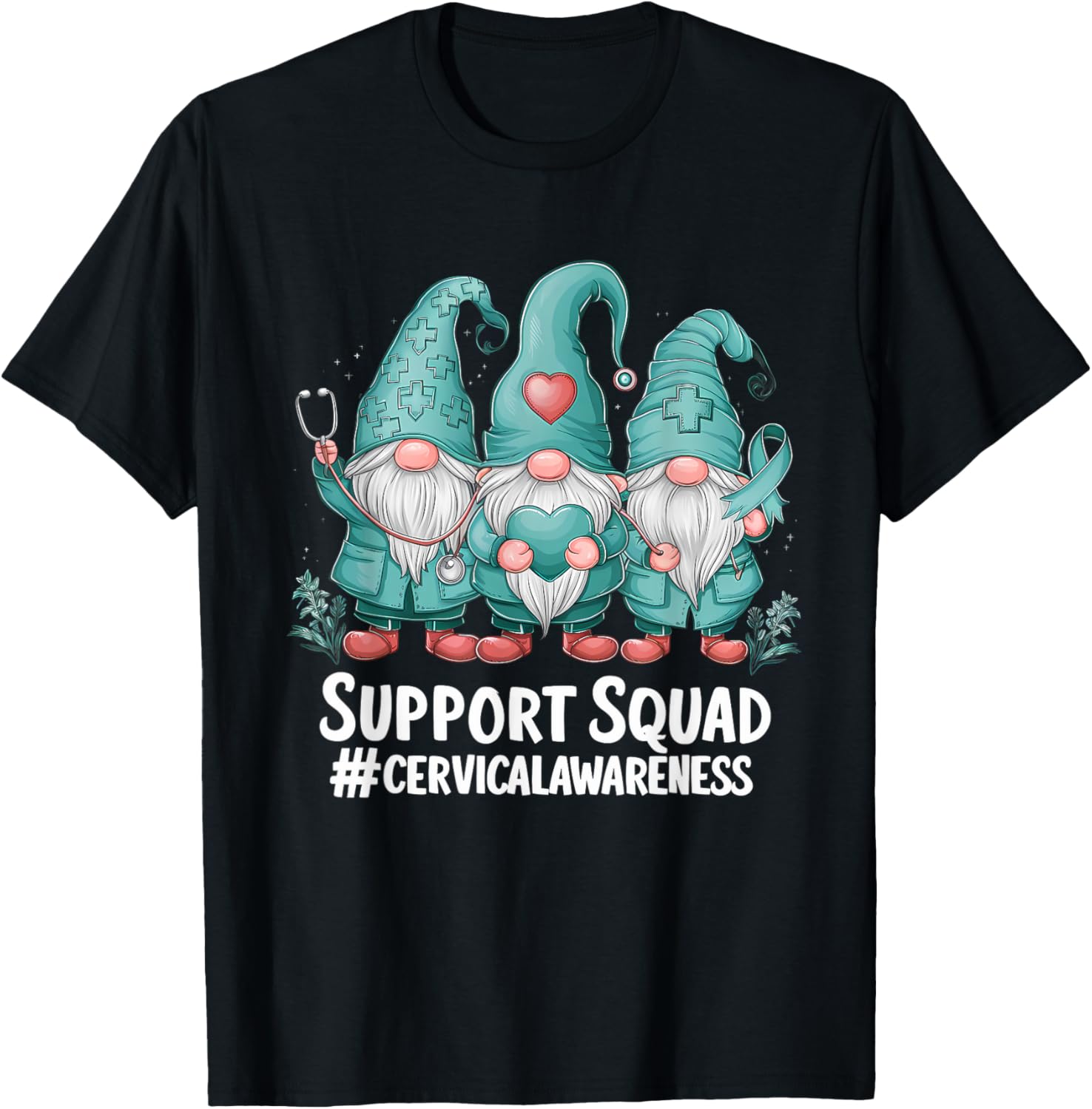 Cervical Cancer Awareness Teal Ribbon Gnome T-Shirt for Supporters - 15