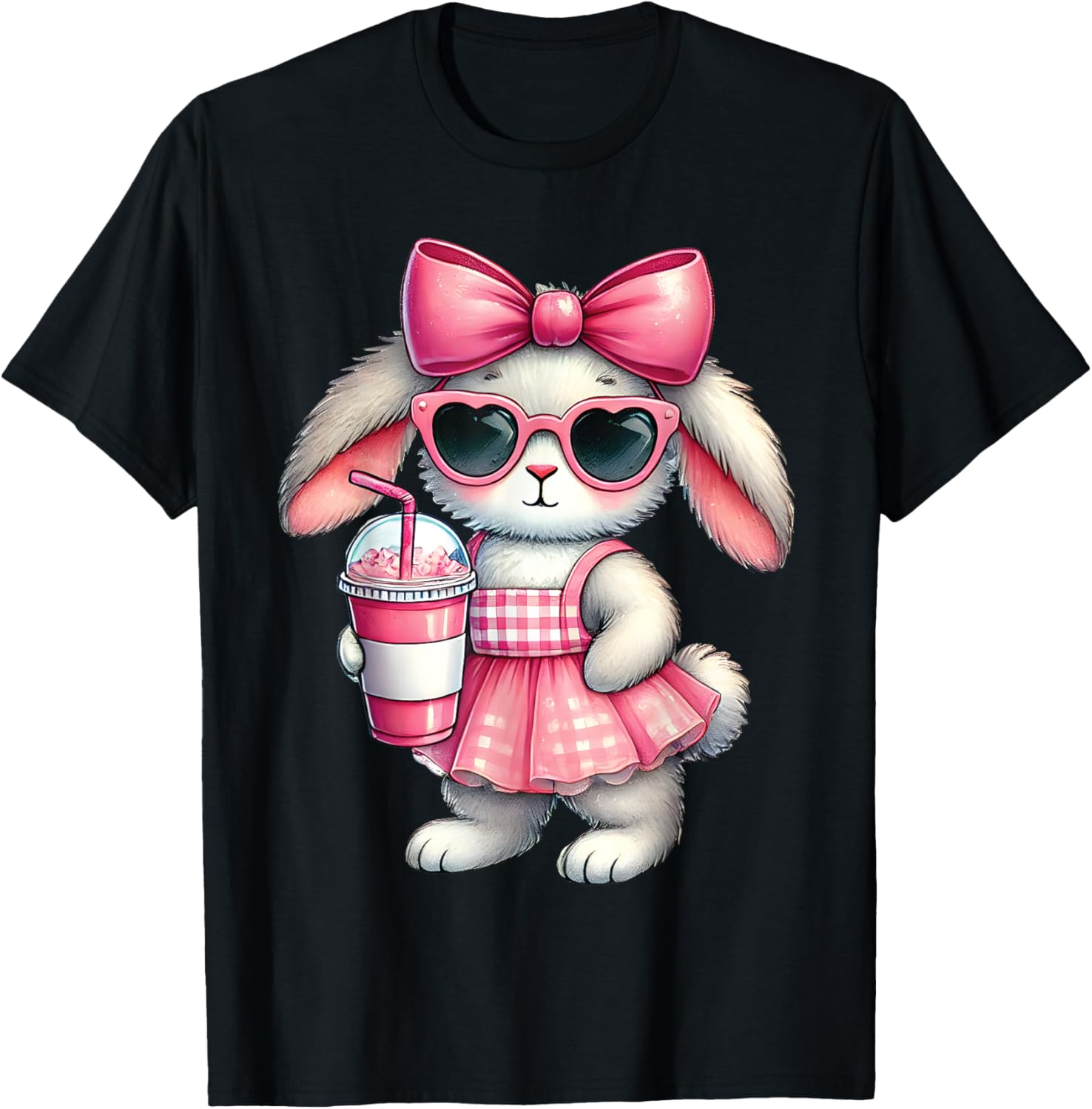 Cute Easter Bunny Drinking Iced Coffee T-Shirt for Women and Girls - 18