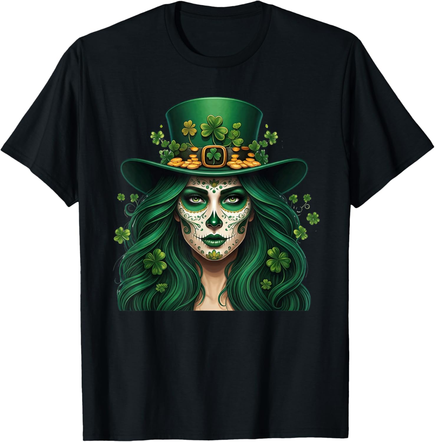 Cute Sugar Skull St Patrick's Day T-Shirt with Shamrock Design for Women - 8