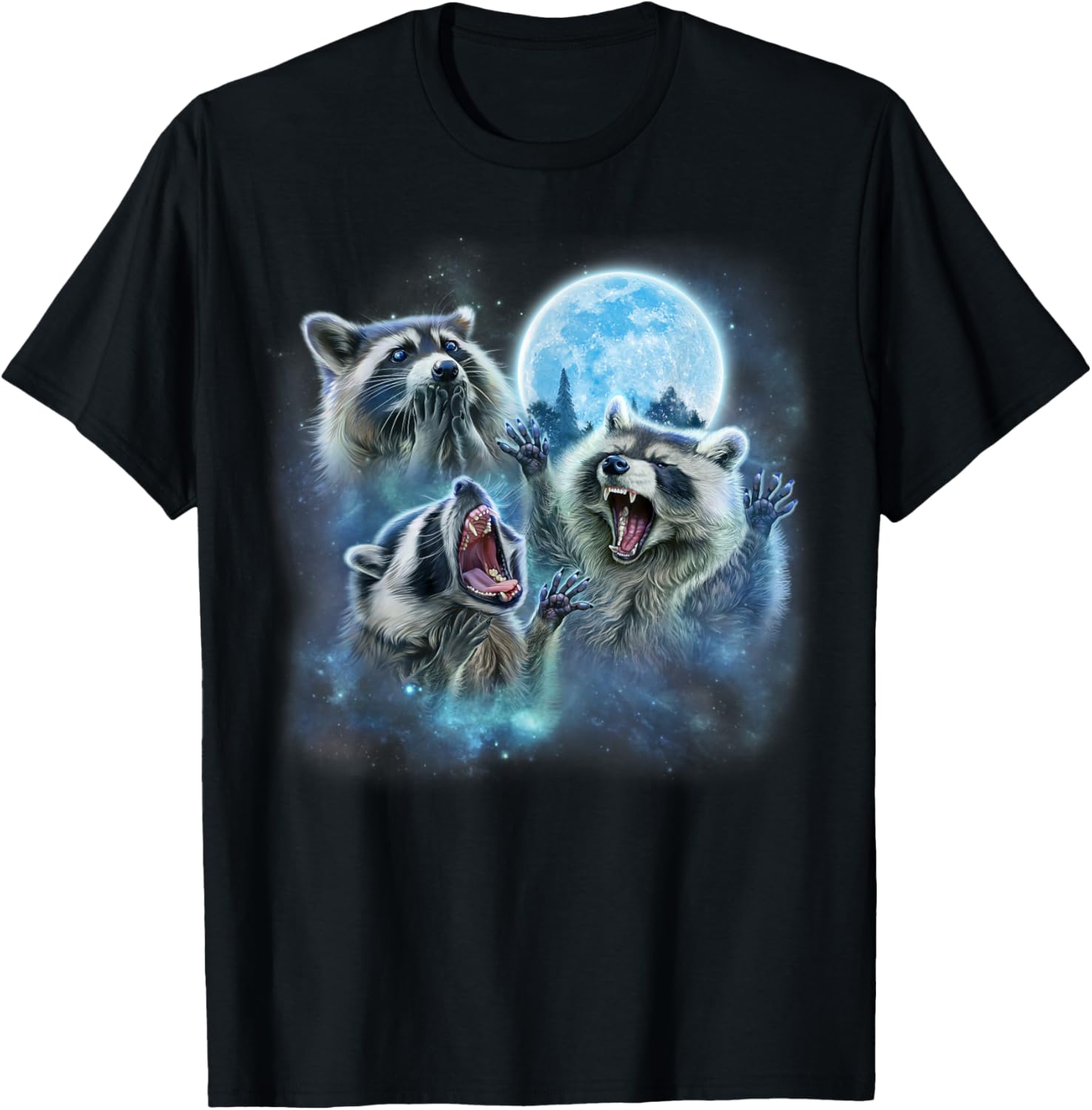Cosmic Raccoon Trio Howling Under Moonlit Galaxy T-Shirt for Fun Lovers - 1
