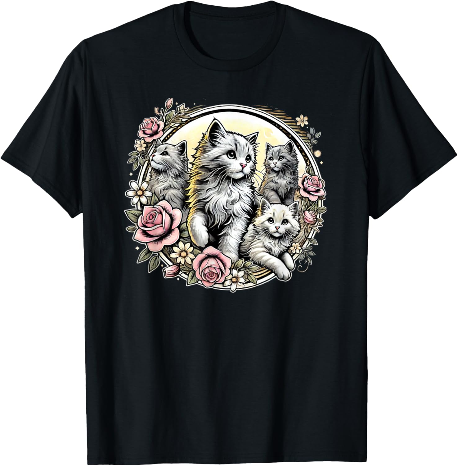 Cute Fluffy Kittens with Vintage Roses T-Shirt for Cat Lovers - 2