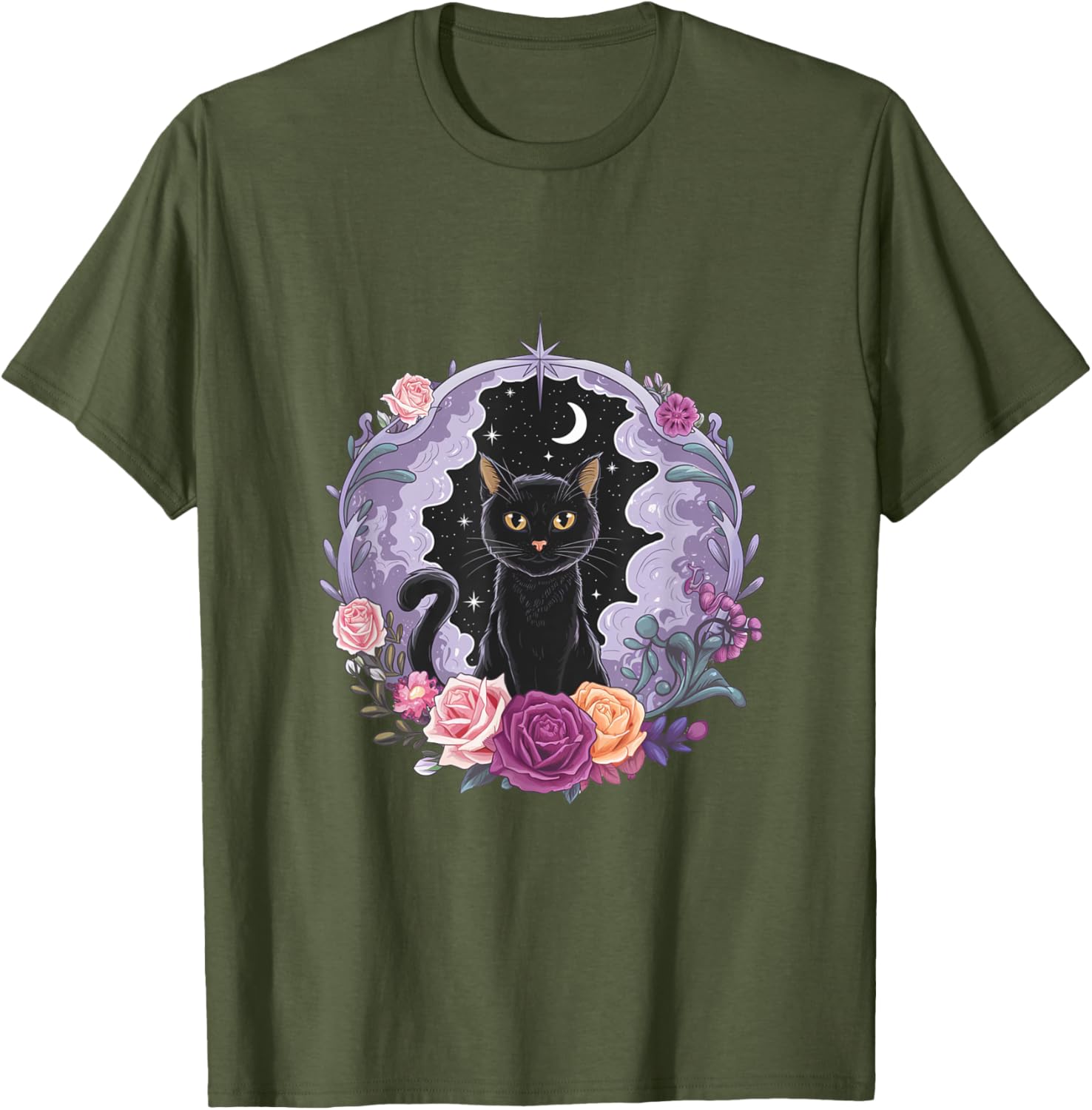 Cute Kawaii Purple Gothic T-Shirt with Black Cat and Moon Crystal Design - 20