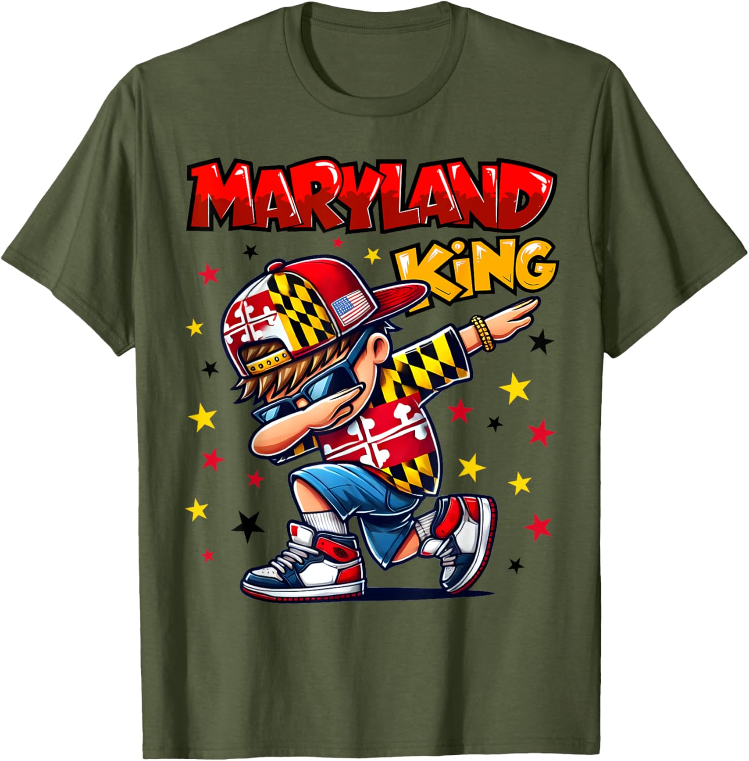 Cool Maryland King Dabbing T-Shirt for Kids Featuring State Flag Design - 6