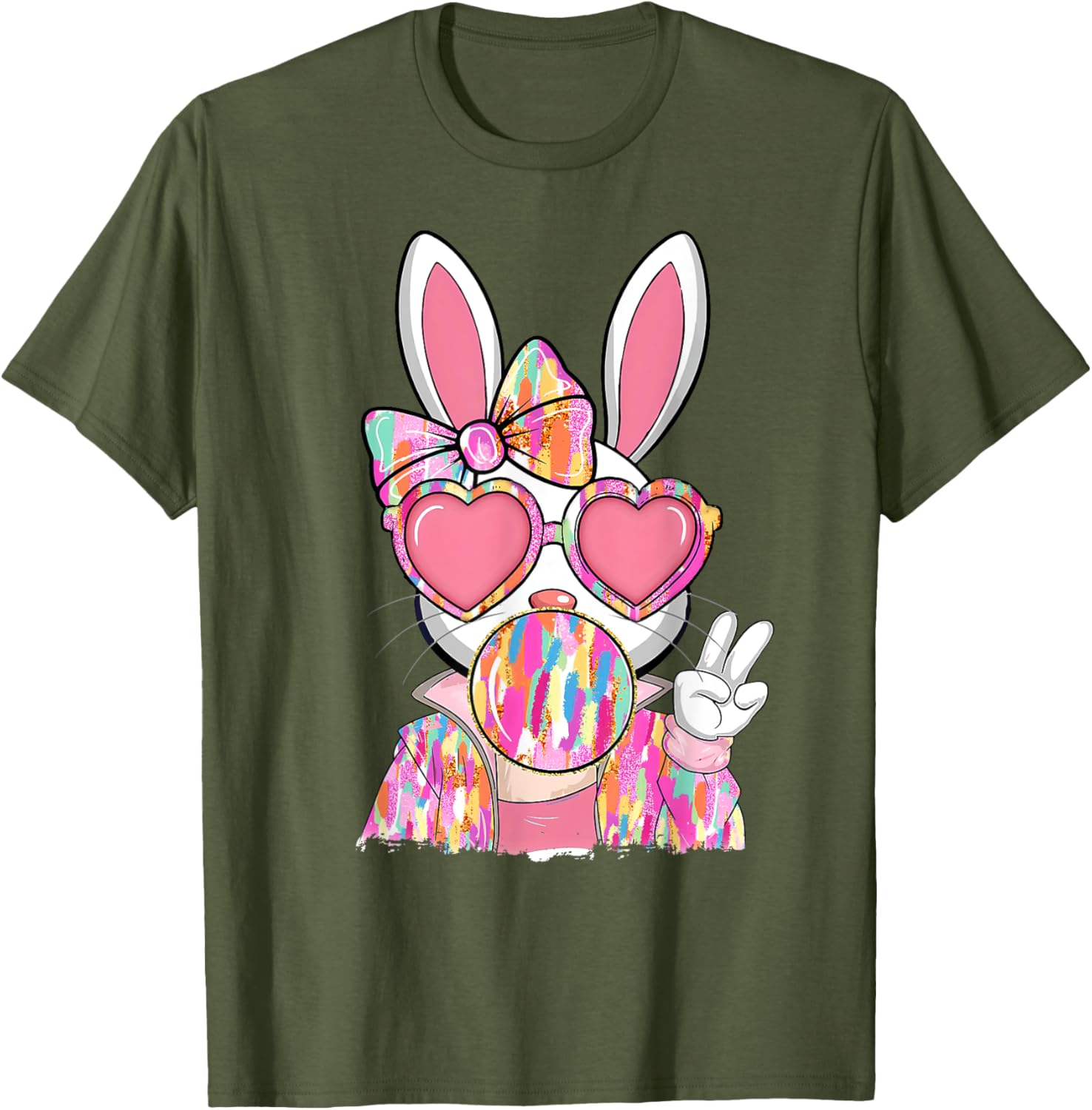 Cute Brushstroke Bunny Blowing Bubble Gum Easter Bow T-Shirt for Kids - 10