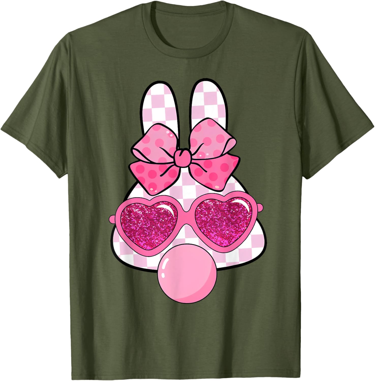 Checkered Bunny with Bubble Gum Coquette Bow Easter T-Shirt for Fun Style - 12