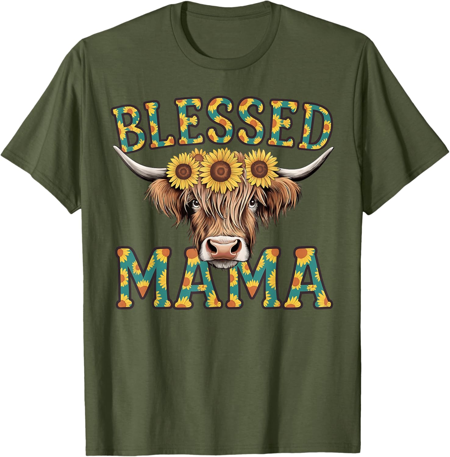 Cute Blessed Mama Highland Cow T-Shirt with Sunflowers for Mother's Day - 1