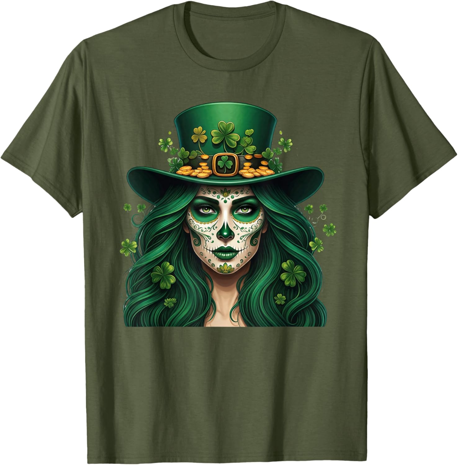 Cute Sugar Skull St Patrick's Day T-Shirt with Shamrock Design for Women - 14