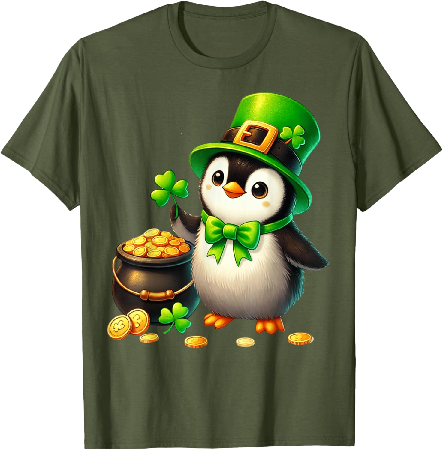 Cute Penguin Leprechaun St Patricks Day T-Shirt for Kids and Teens - 1