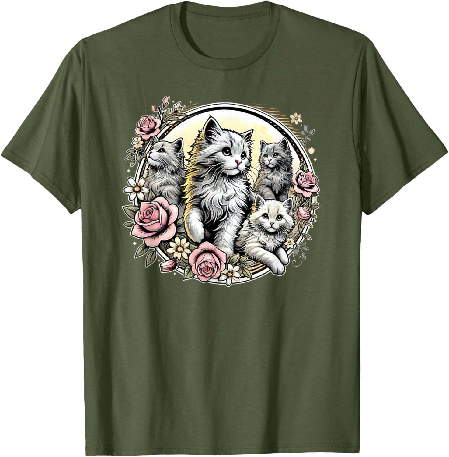 Cute Fluffy Kittens with Vintage Roses T-Shirt for Cat Lovers - 6