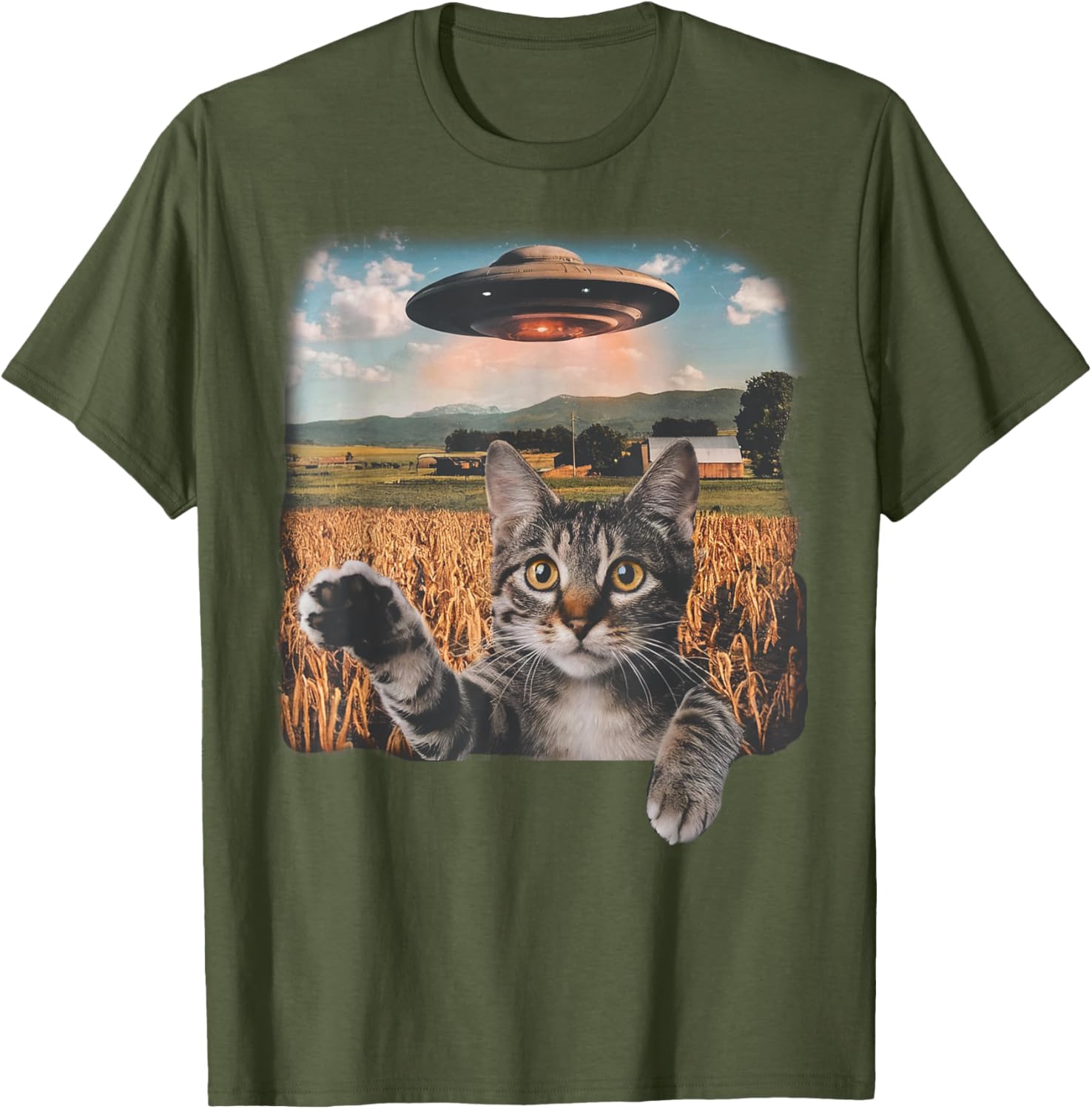 Cat Selfie with Alien UFO T-Shirt for Men, Women, and Kids - 1