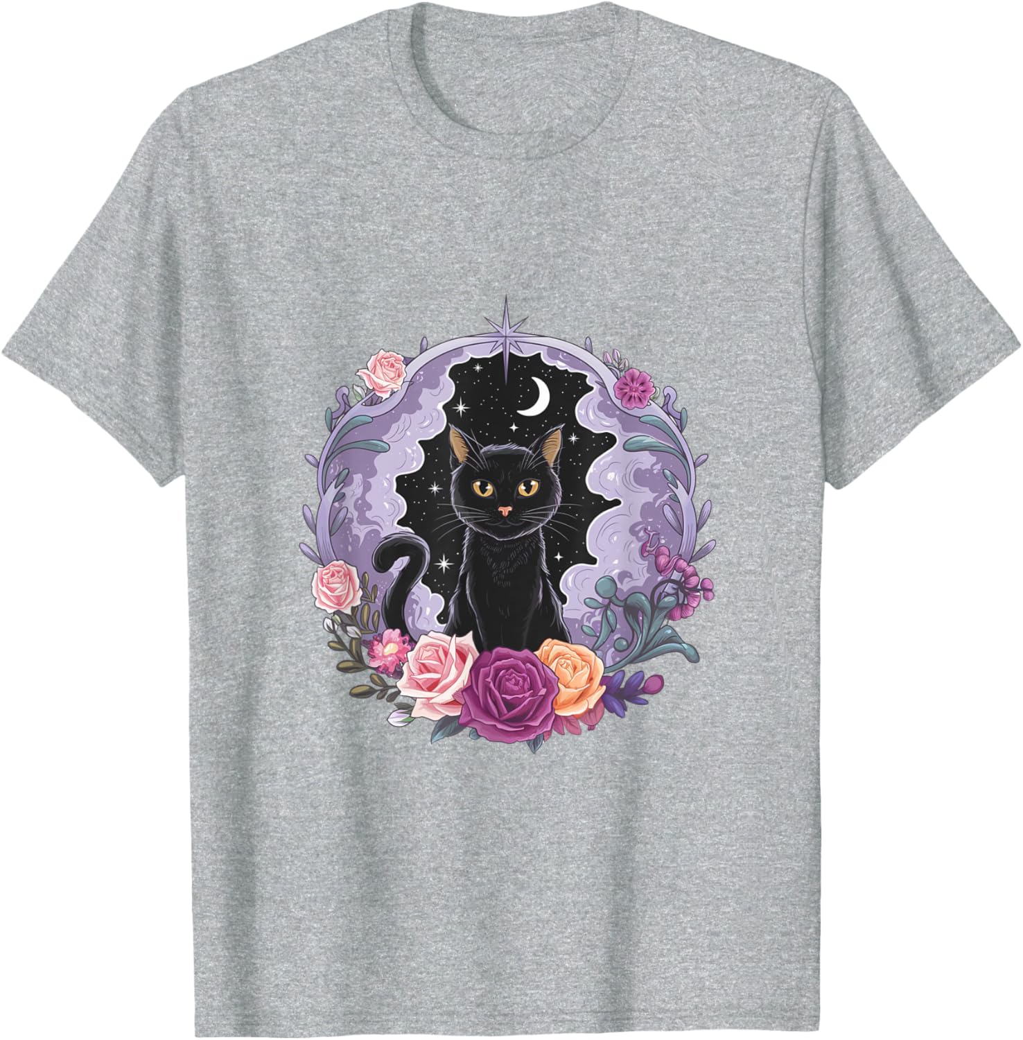 Cute Kawaii Purple Gothic T-Shirt with Black Cat and Moon Crystal Design - 1