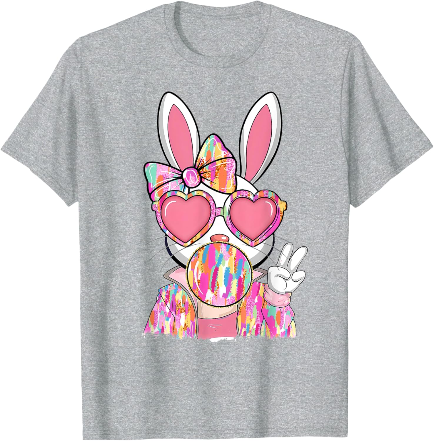 Cute Brushstroke Bunny Blowing Bubble Gum Easter Bow T-Shirt for Kids - 9