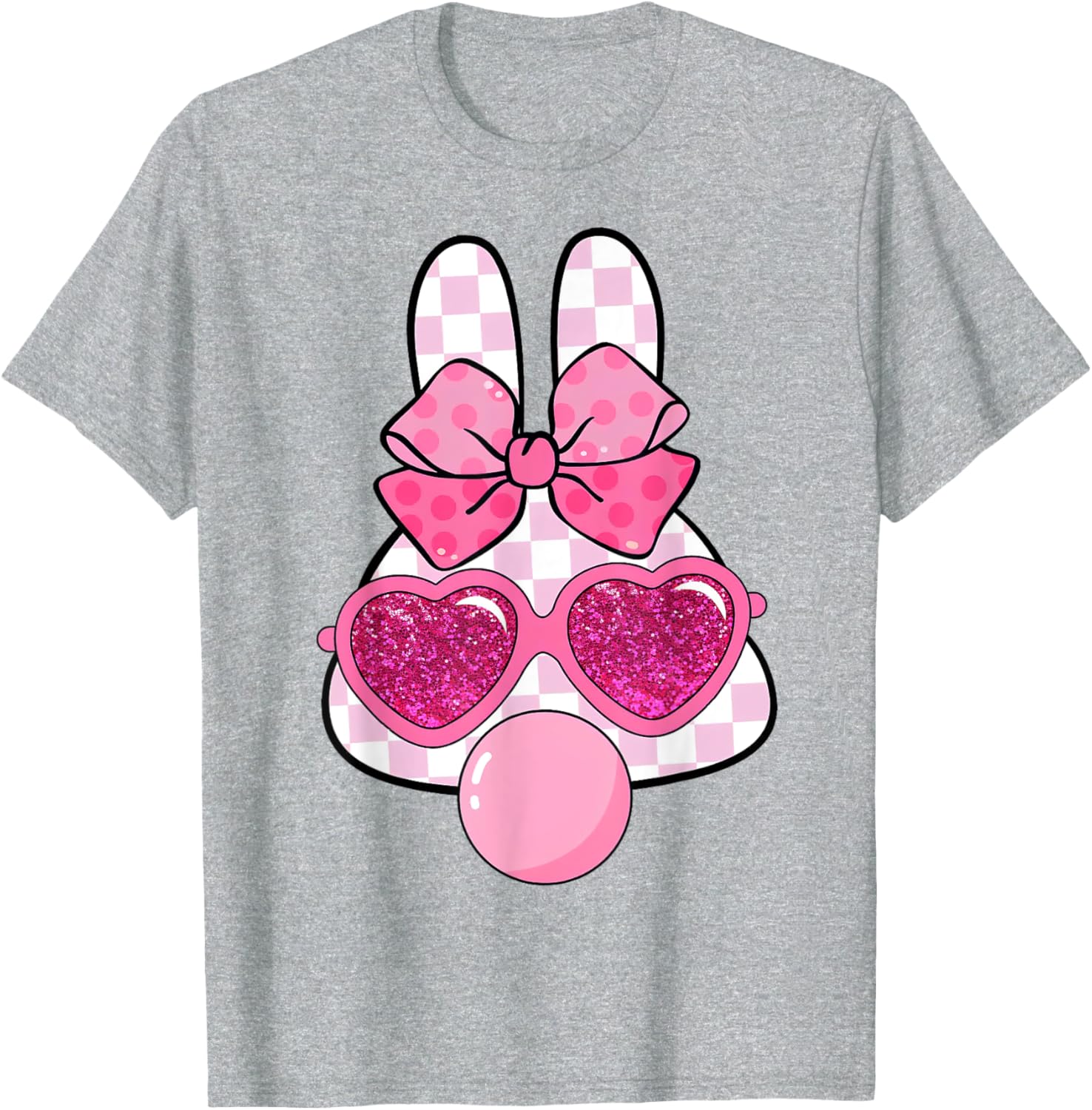 Checkered Bunny with Bubble Gum Coquette Bow Easter T-Shirt for Fun Style - 24