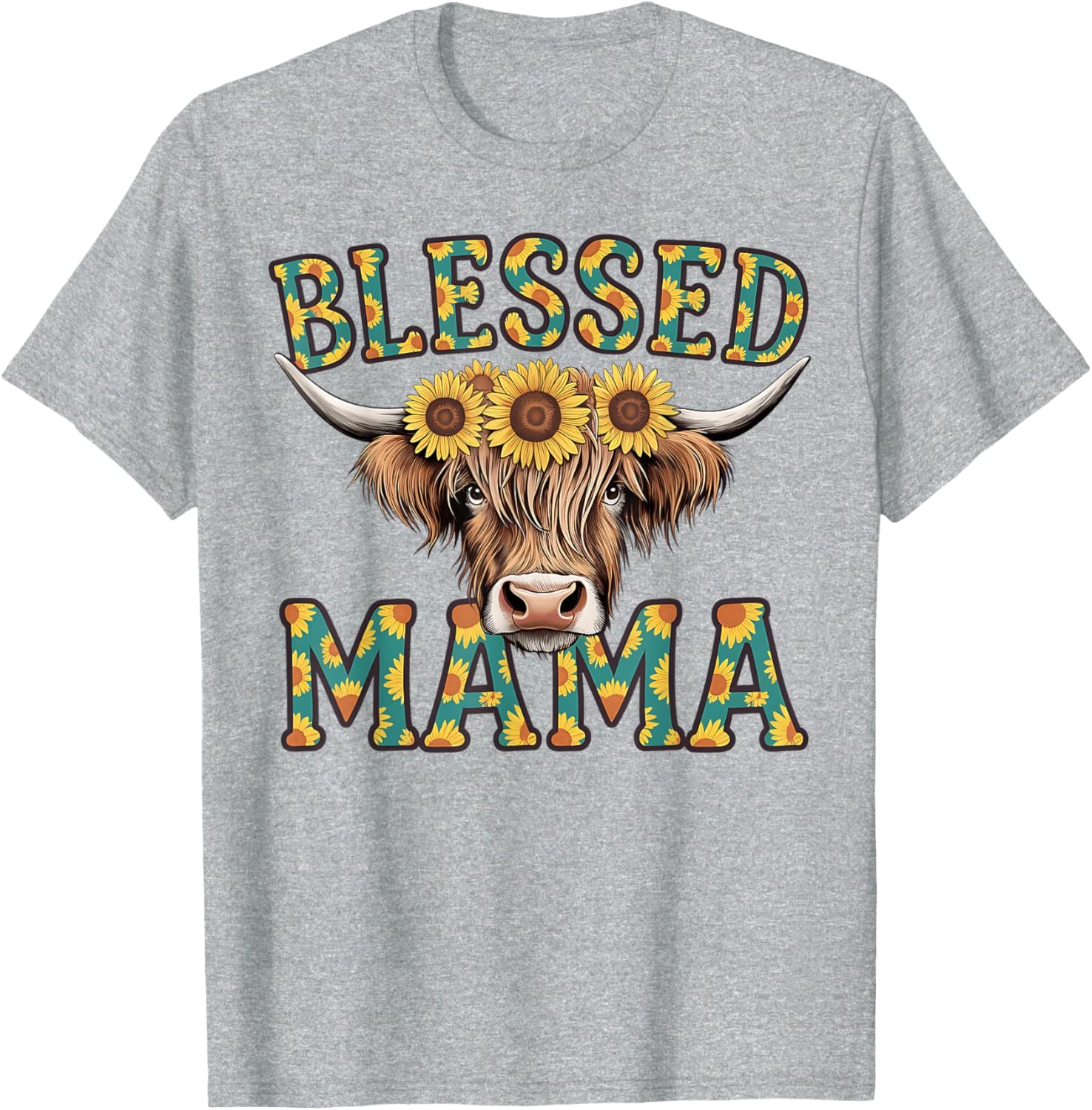 Cute Blessed Mama Highland Cow T-Shirt with Sunflowers for Mother's Day - 3