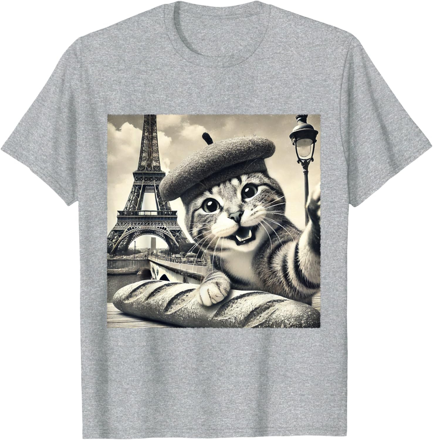 Funny Paris Cat in Beret with Baguette Eiffel Tower T-Shirt for Cat Lovers - 26