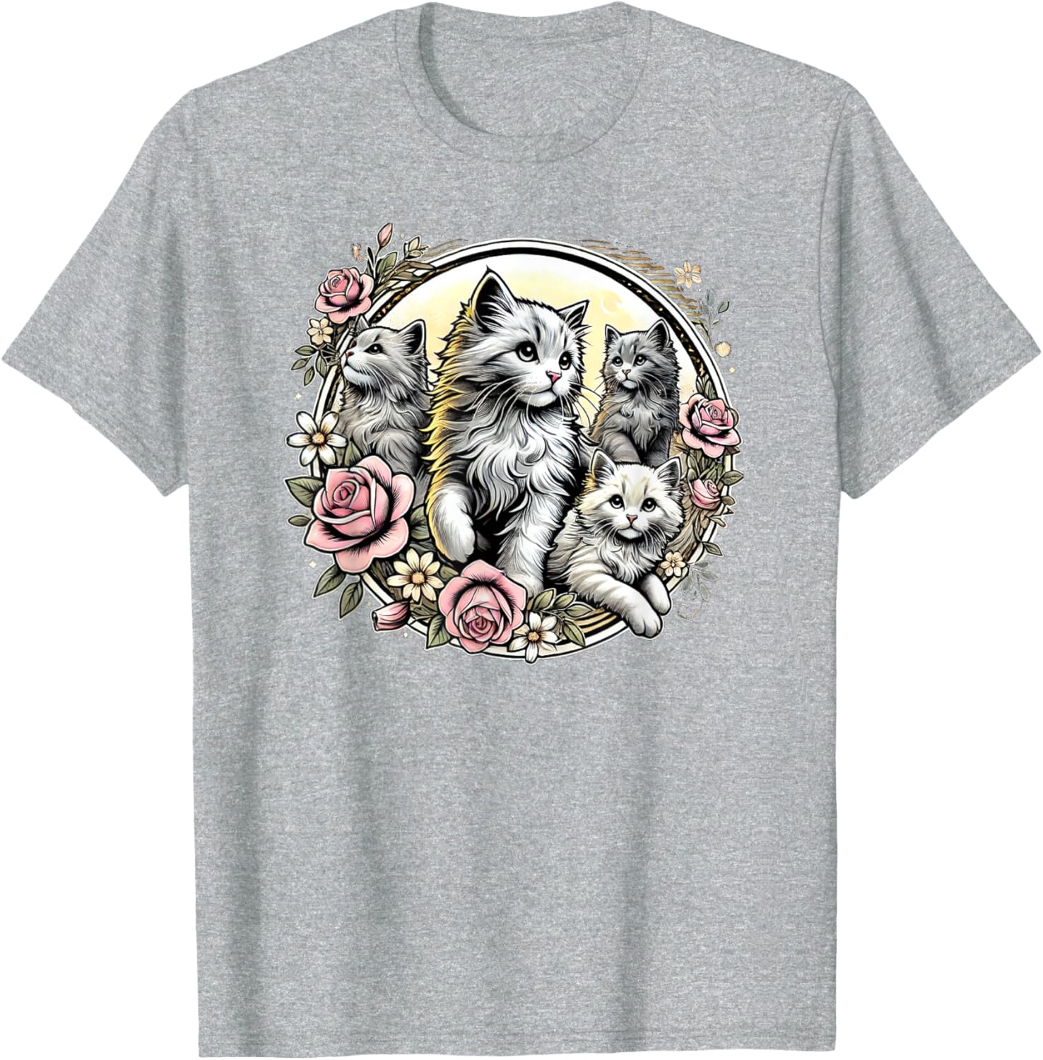 Cute Fluffy Kittens with Vintage Roses T-Shirt for Cat Lovers - 25