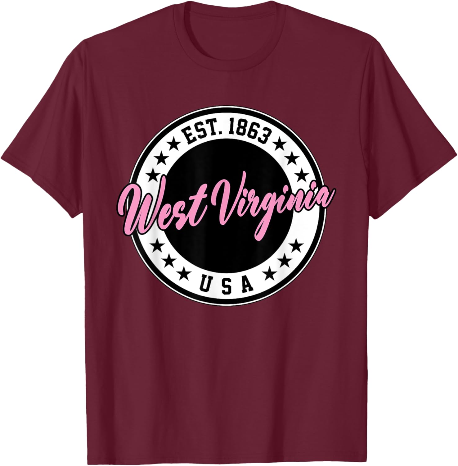 West Virginia Pink Text Script Circle T-Shirt for Women and Men - 7