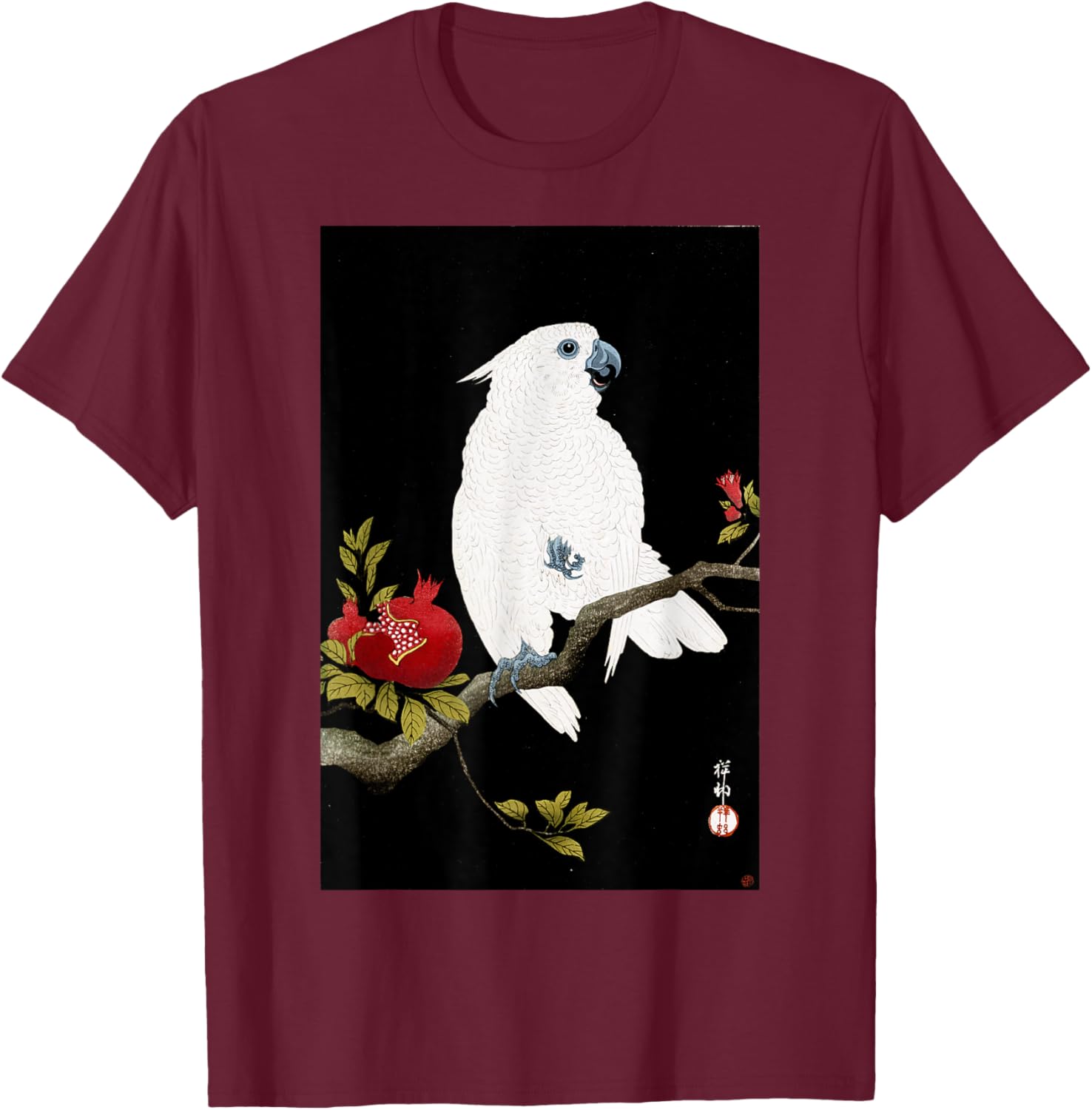 Koson Ohara Cockatoo and Pomegranate Japanese Art Bird T-Shirt - 2