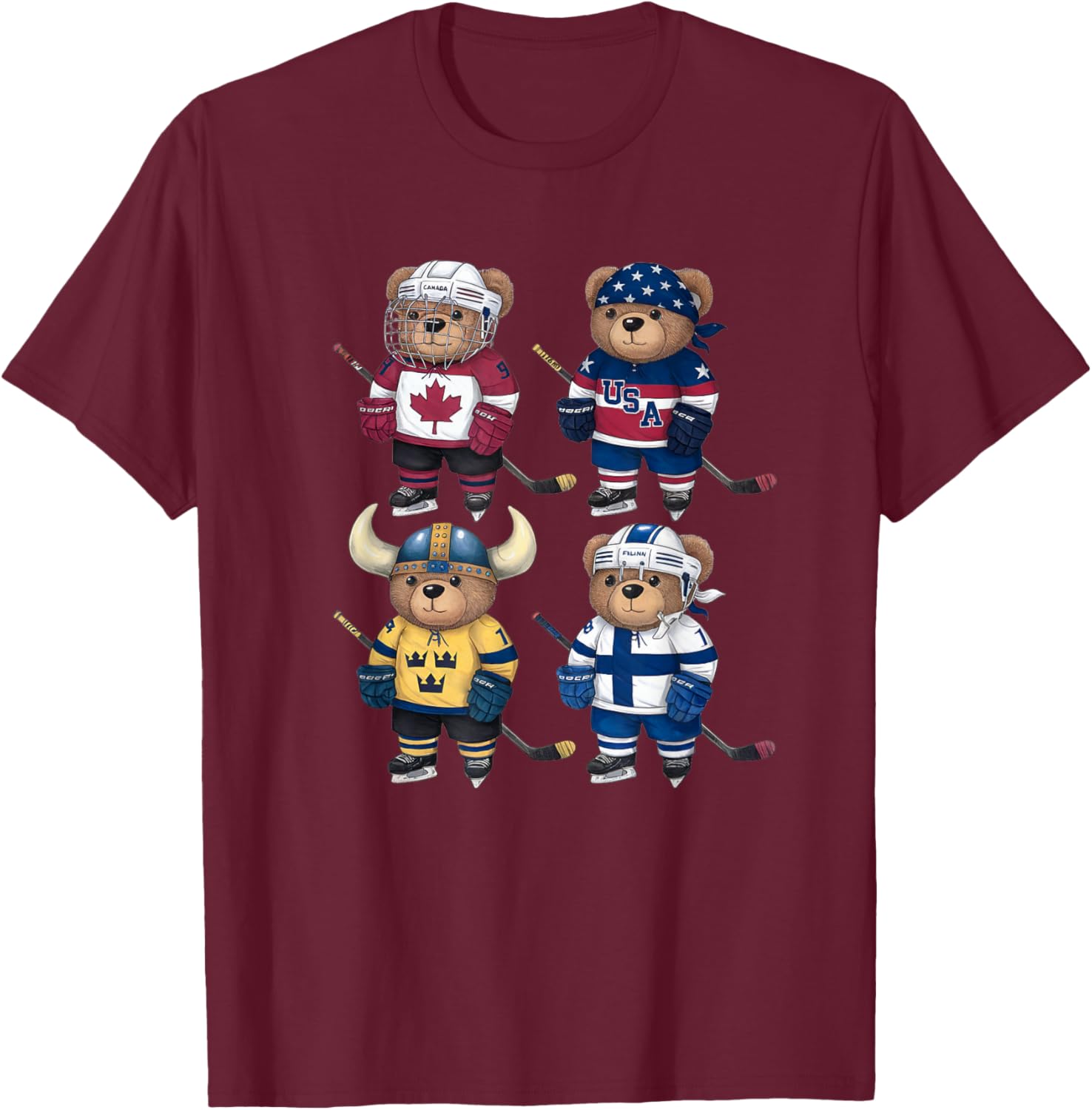 Four Nations Battle Teddy Bear Hockey Player T-Shirt for Fans - 9