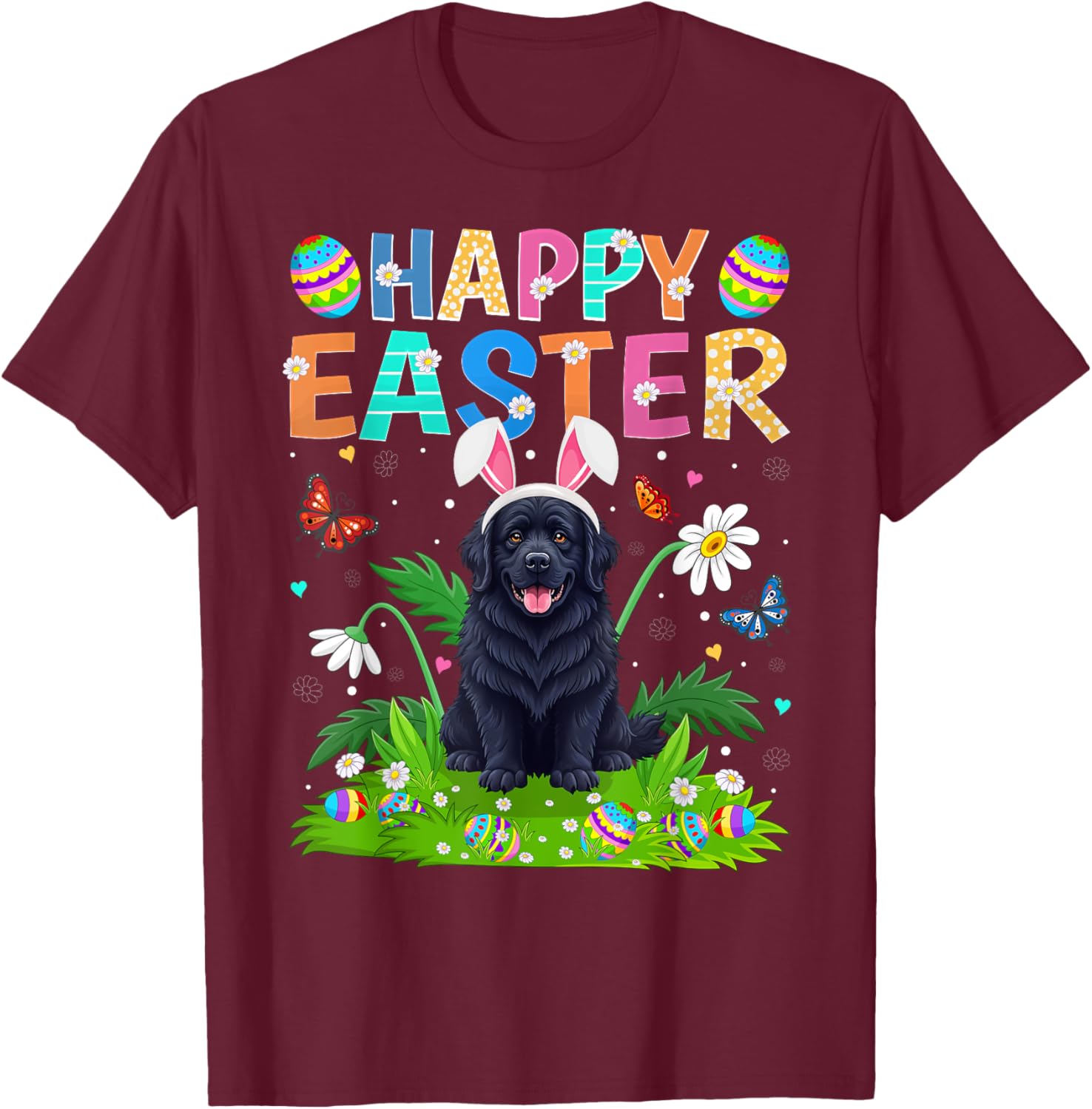 Newfoundland Dog Easter Egg Hunt T-Shirt with Bunny Ears Design - 1