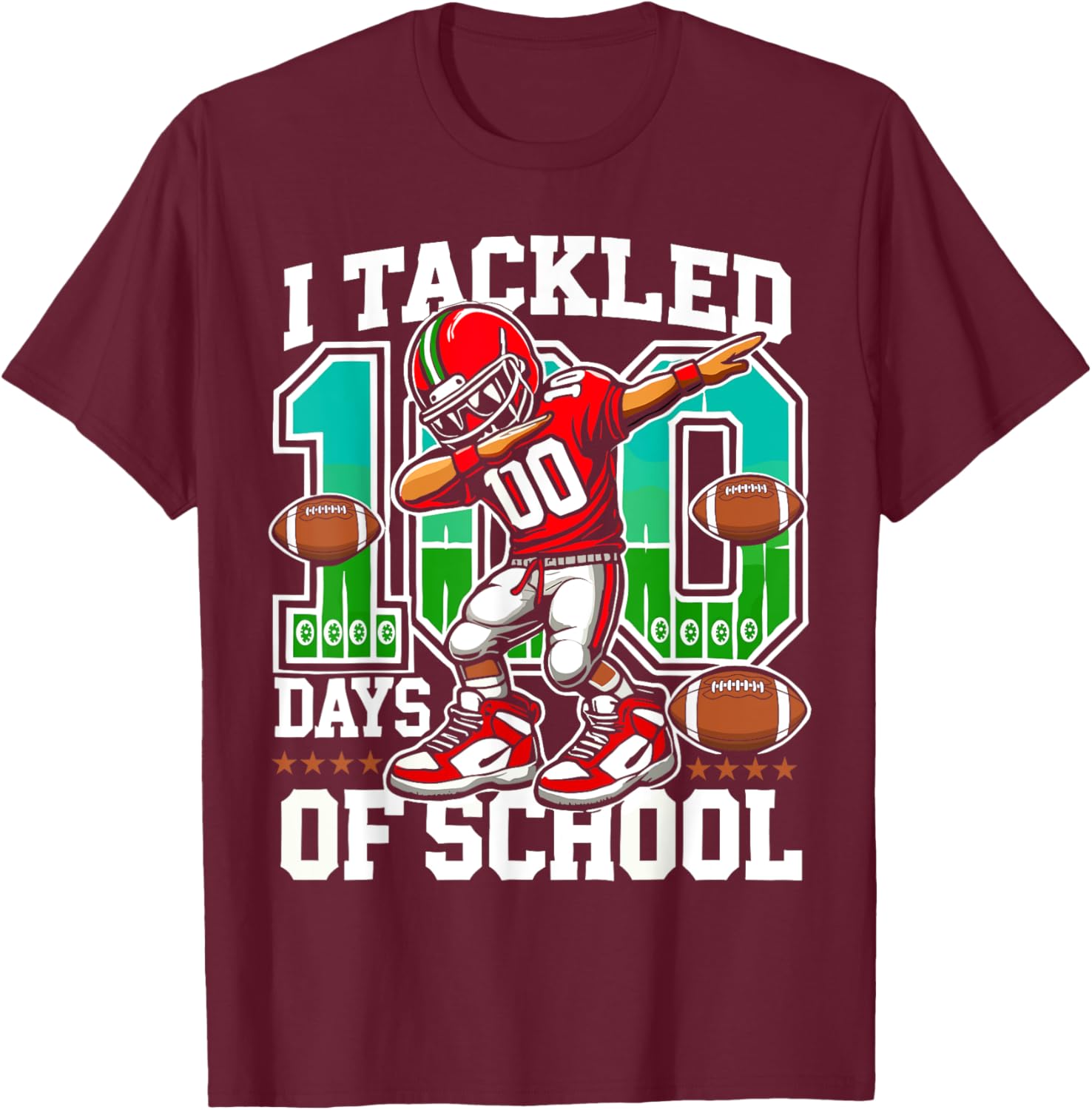 100 Days of School Football Teacher Student T-Shirt for Celebrating Fun - 1