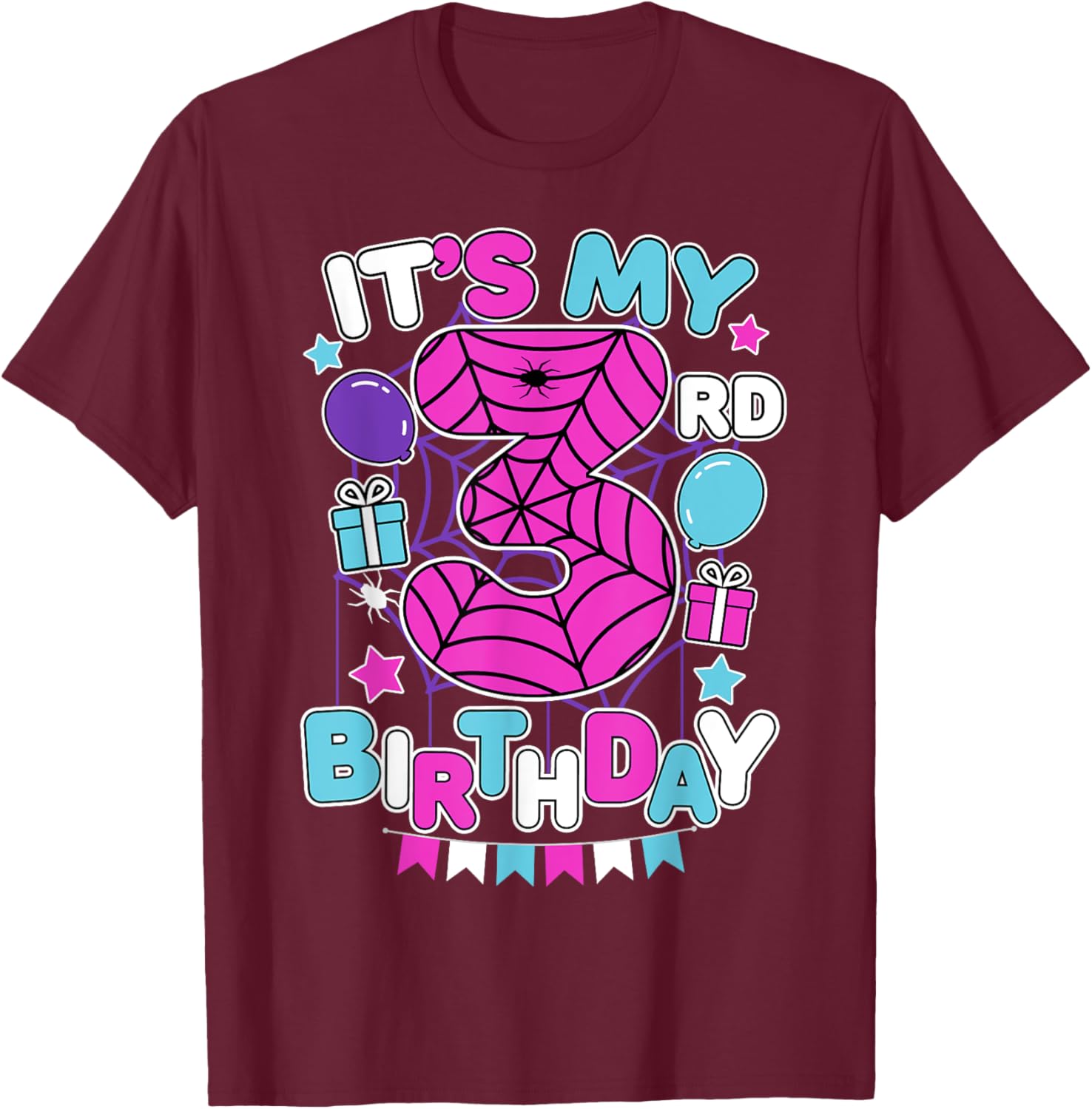 Cute 3rd Birthday Spider Web Theme T-Shirt for Girls Age Three - 15