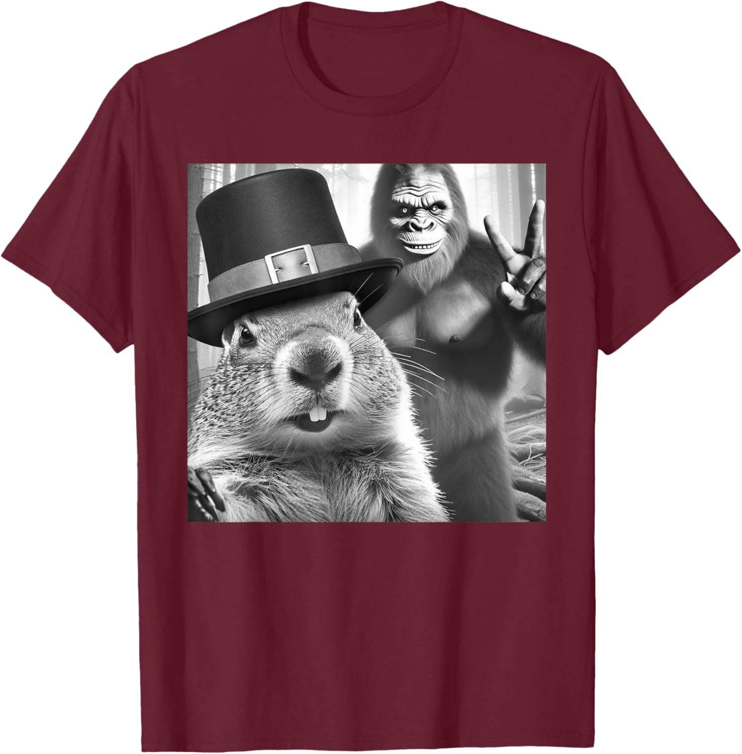 Funny Groundhog Day T-Shirt with Groundhog Taking Selfie with Bigfoot - 8
