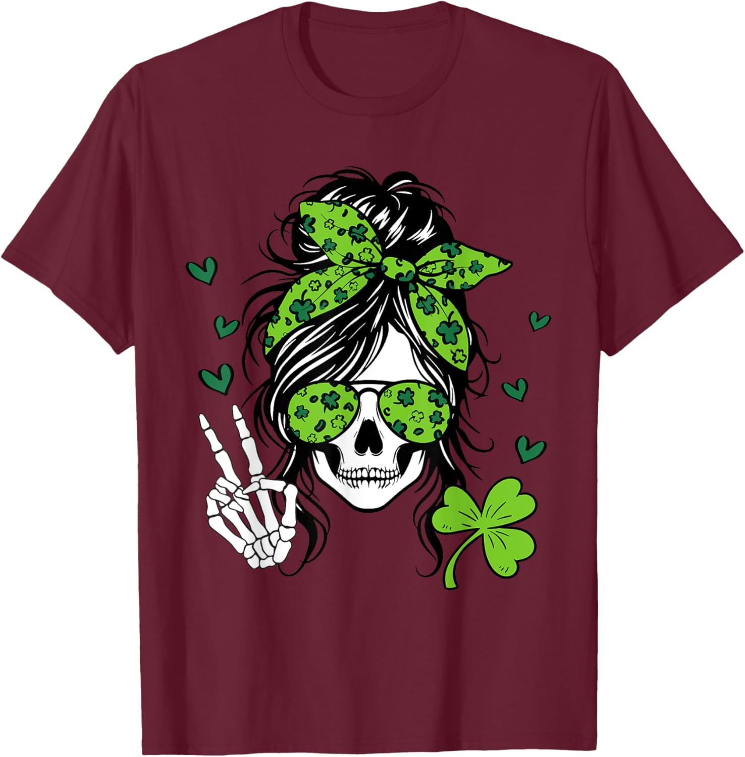 Lucky Irish Skull Girl T-Shirt for St. Patrick's Day with Messy Bun Design - 13