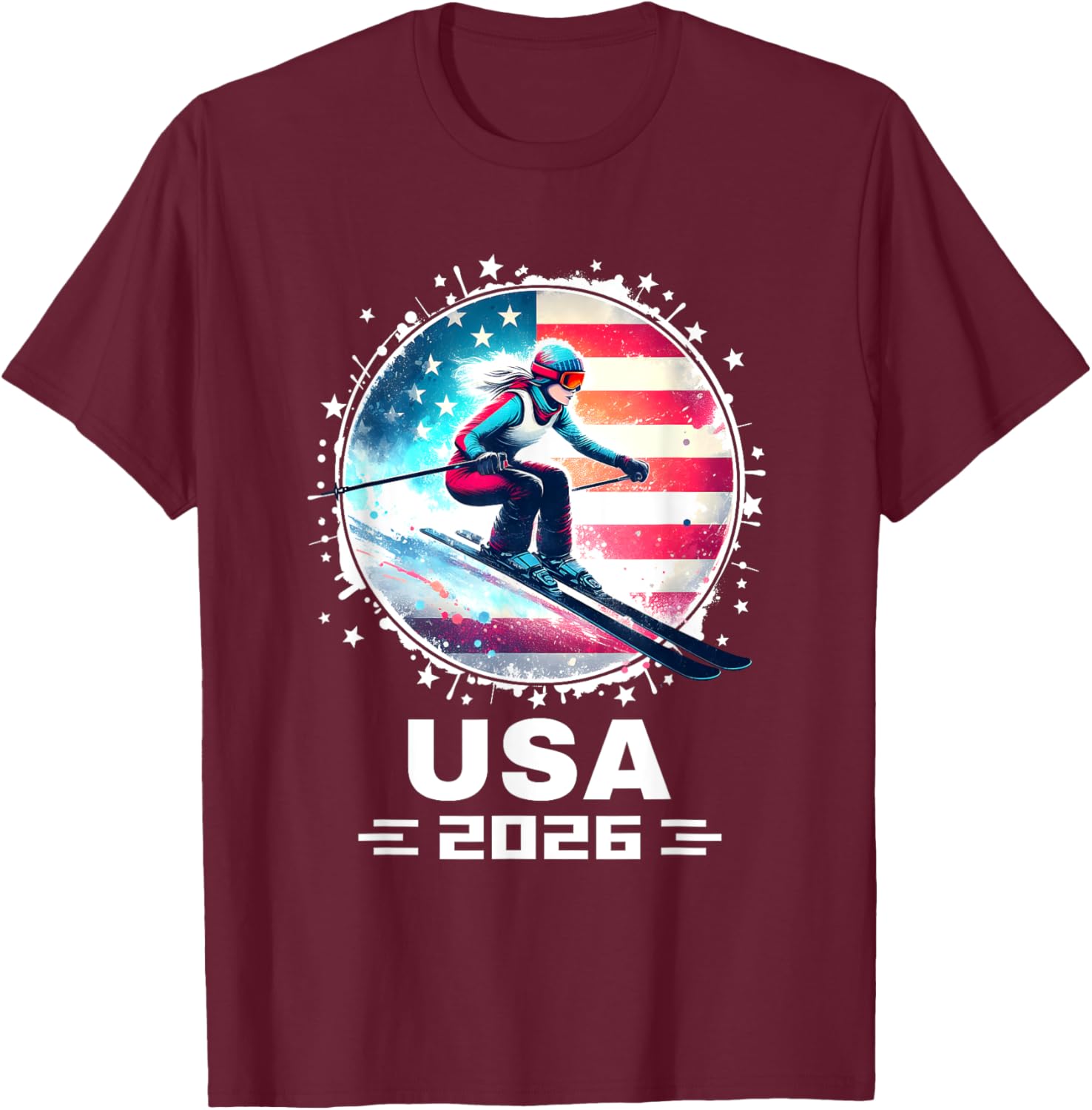 Skier USA Team 2026 Women's American Flag Skiing T-Shirt - 18