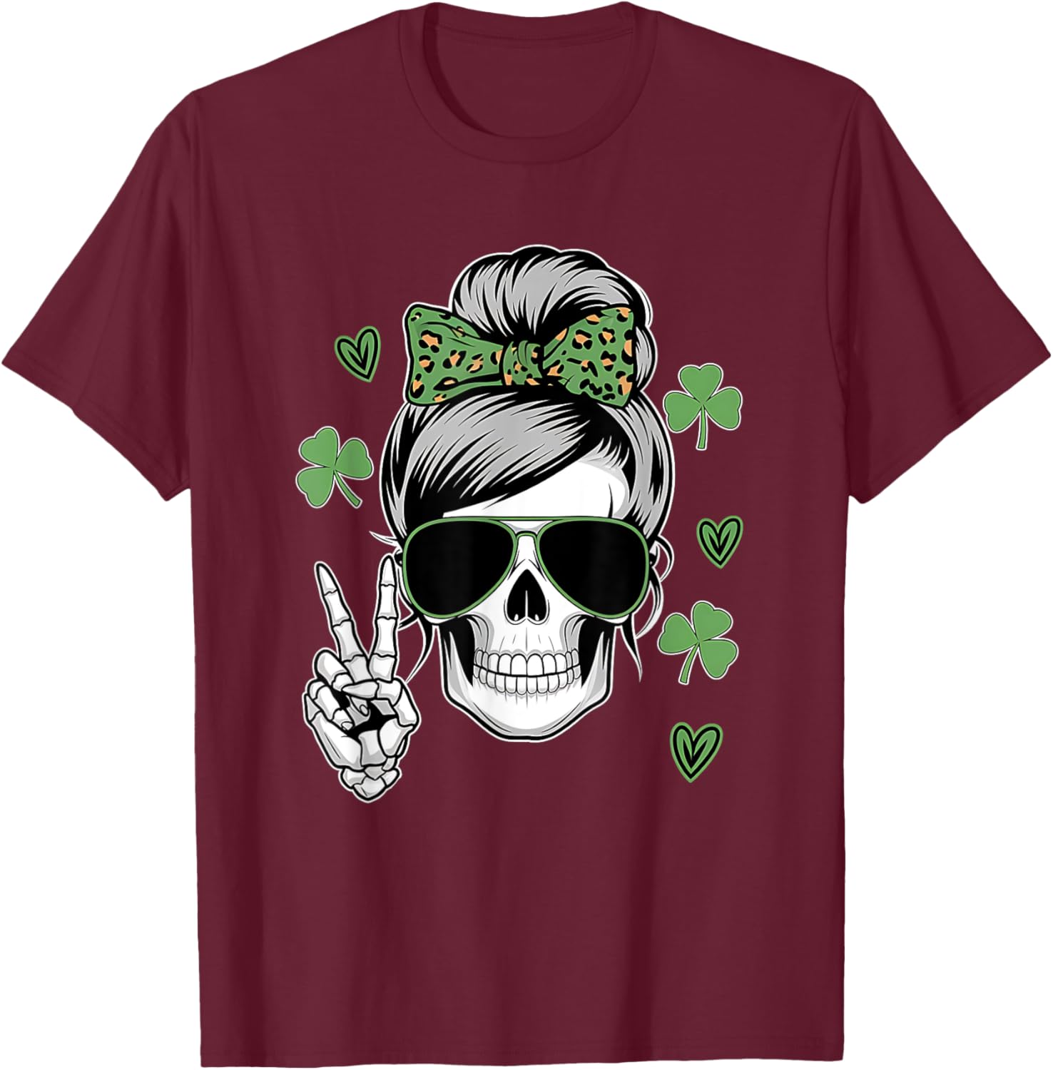 St Patricks Day Skull Messy Bun T-Shirt for Women - Fun and Stylish Wear - 7