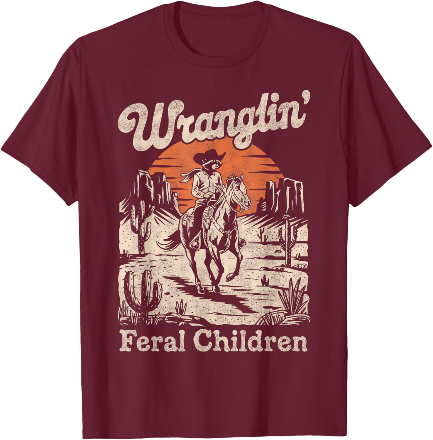 Wranglin Feral Children Raccoon T-Shirt Retro 90s Cowboy Style - 1