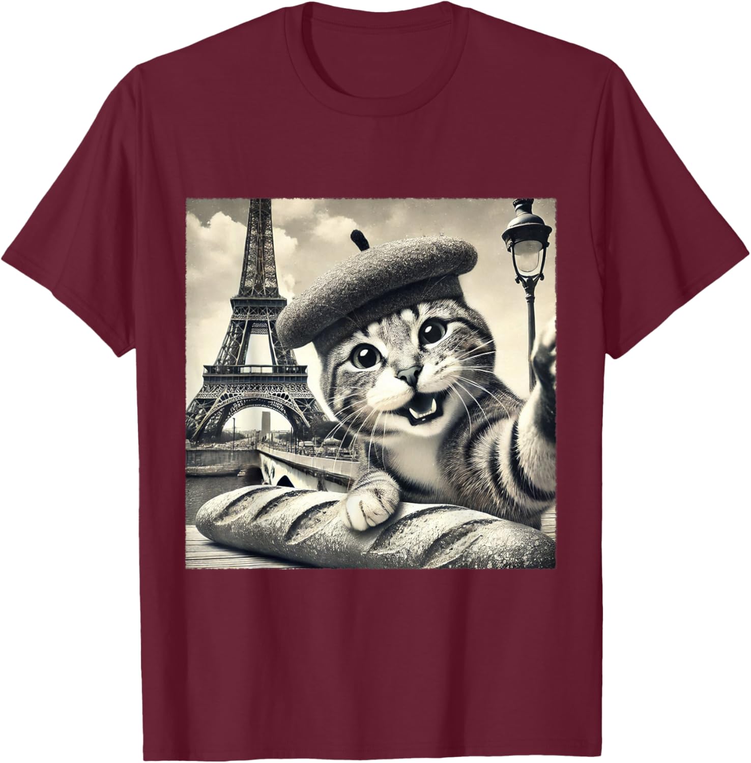 Funny Paris Cat in Beret with Baguette Eiffel Tower T-Shirt for Cat Lovers - 20