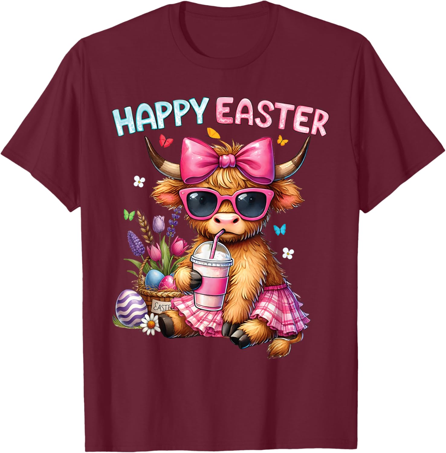 Happy Easter Highland Cow Bunny T-Shirt for Women and Kids - 22