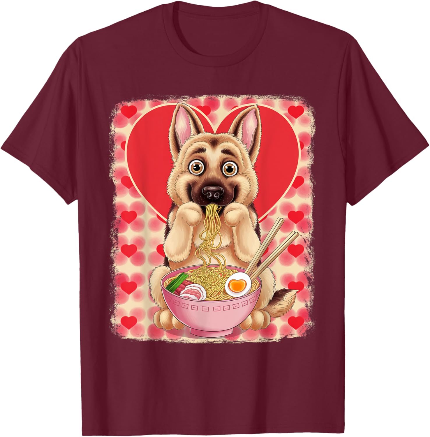 Adorable German Shepherd Eating Ramen Noodles Valentine's Day T-Shirt - 1