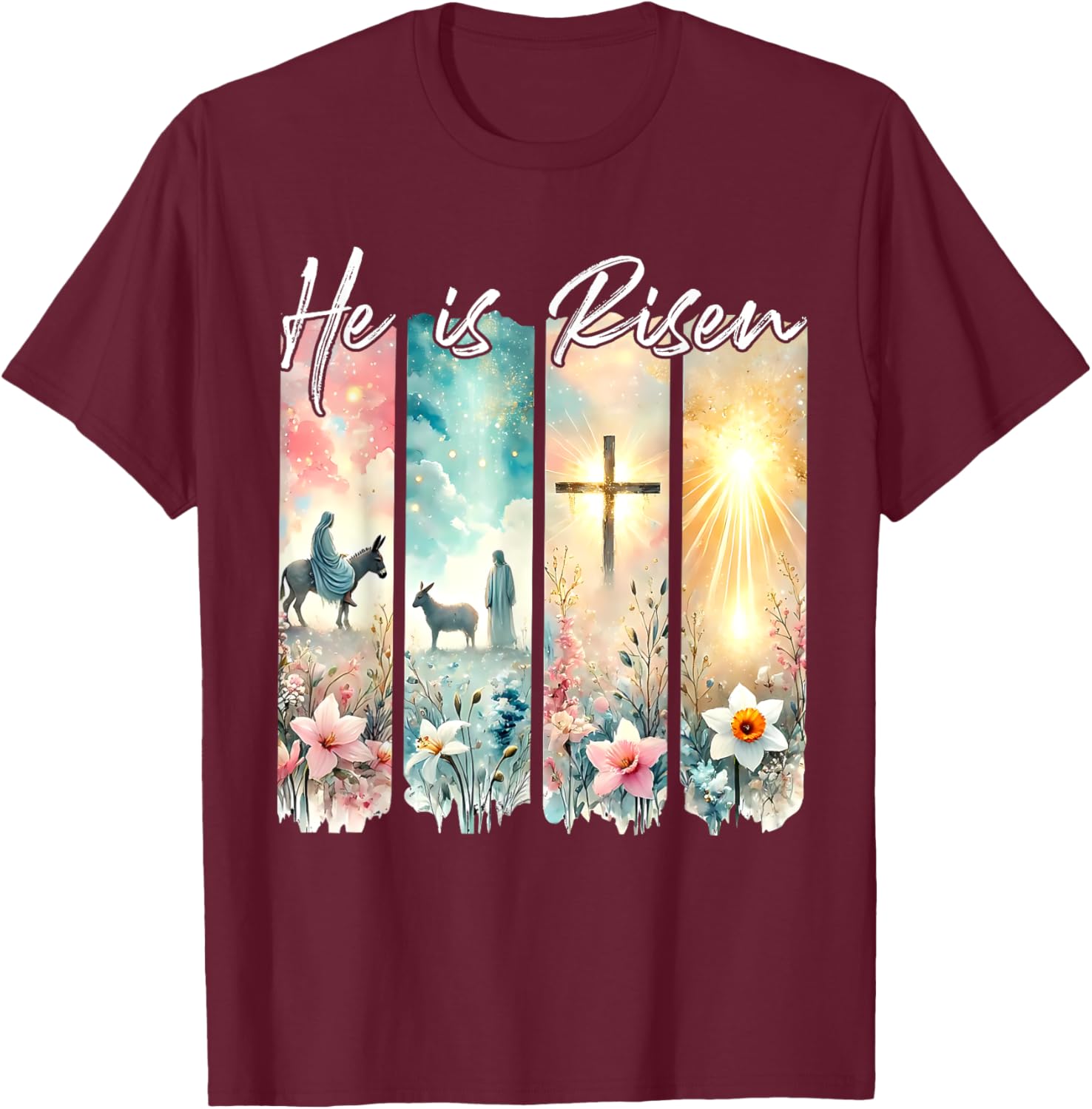 He Is Risen Floral Easter T-Shirt with Jesus Cross Design for Christians - 28