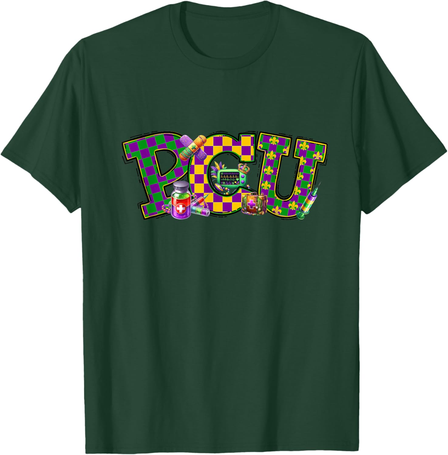 Mardi Gras PCU Nurse T-Shirt for Women - Fun Medical Care Unit Apparel - 21
