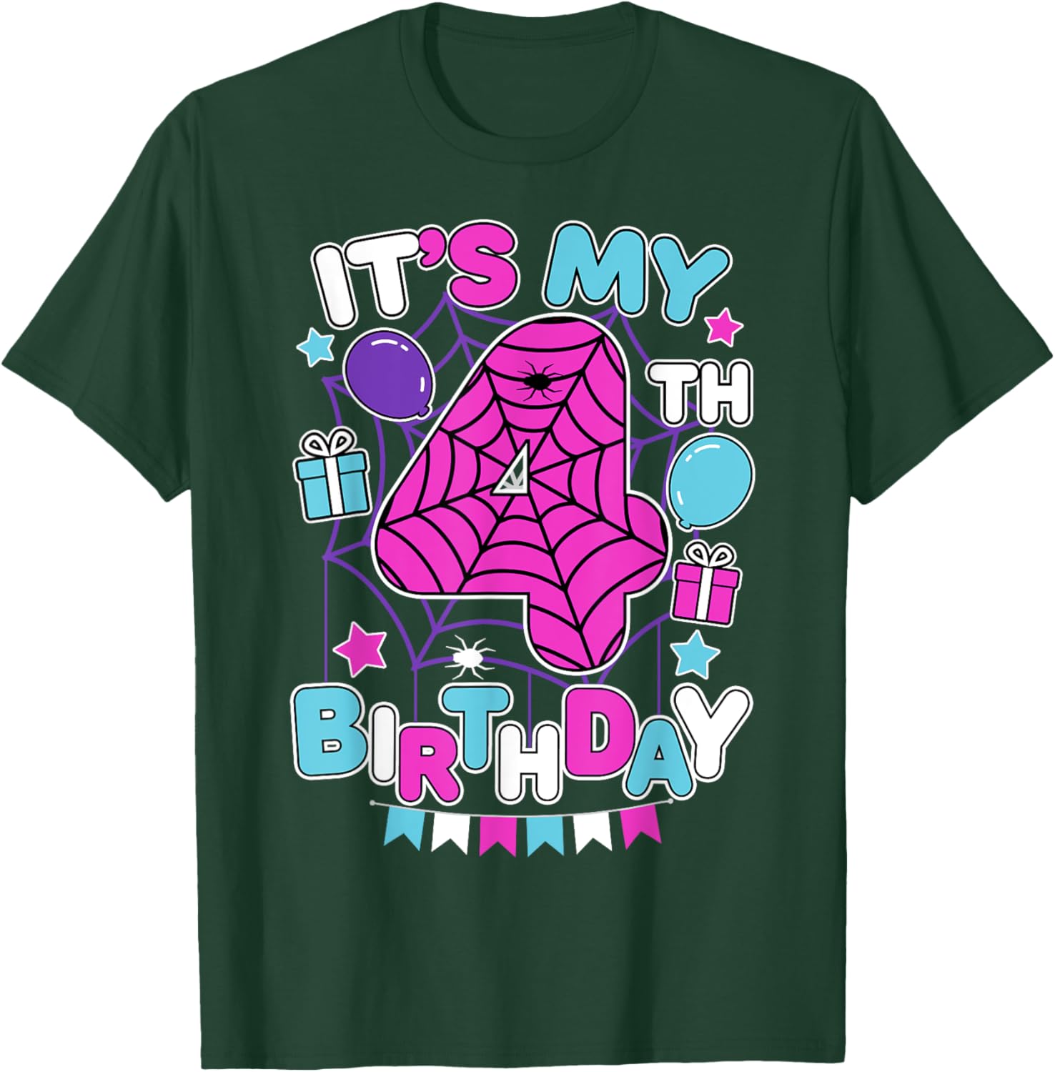 Cute 4th Birthday Spider Web T-Shirt for Girls Halloween Party - 1