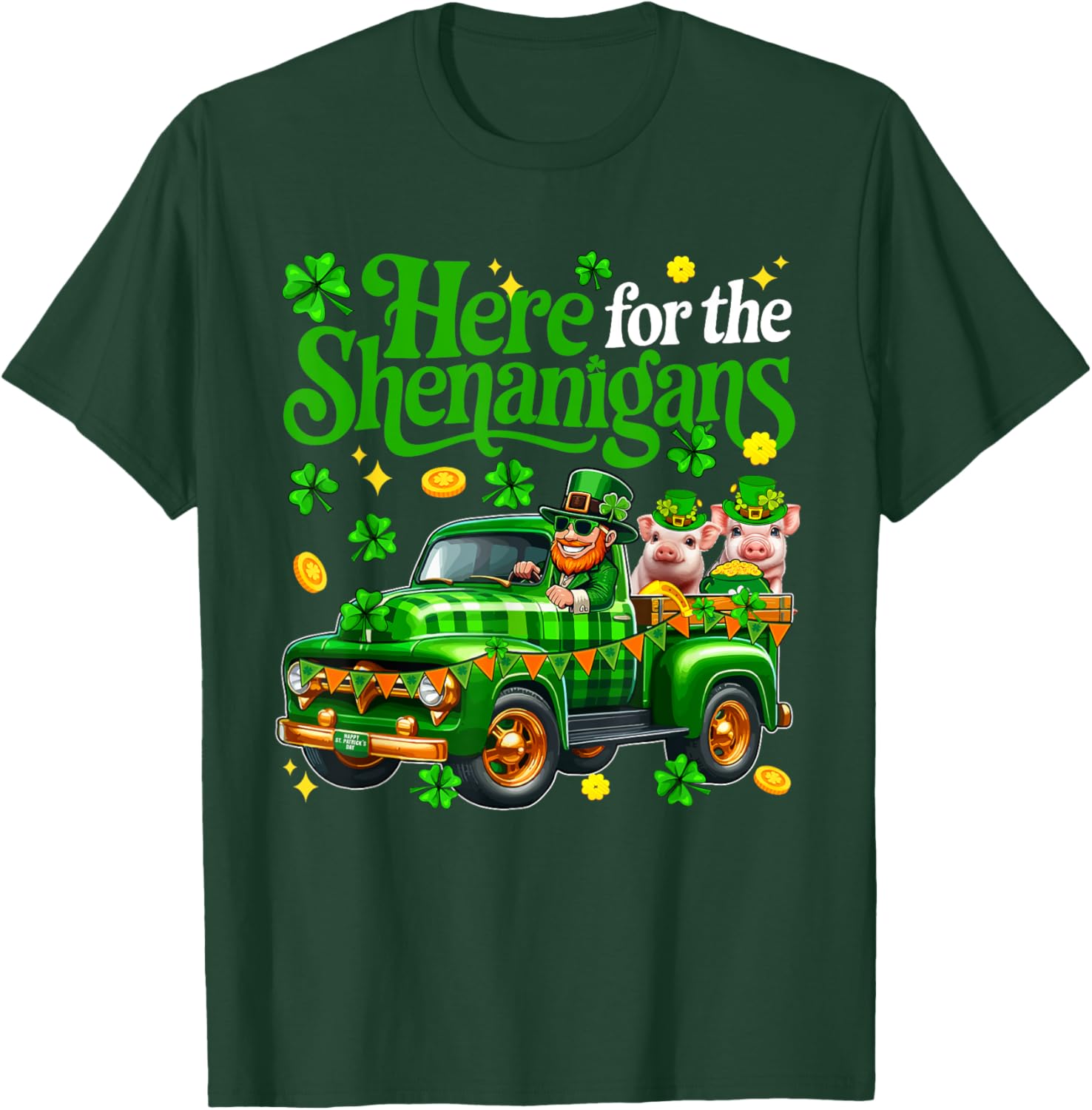 Here For The Shenanigans St Patrick's Day Pig Truck T-Shirt for Fun Lovers - 4