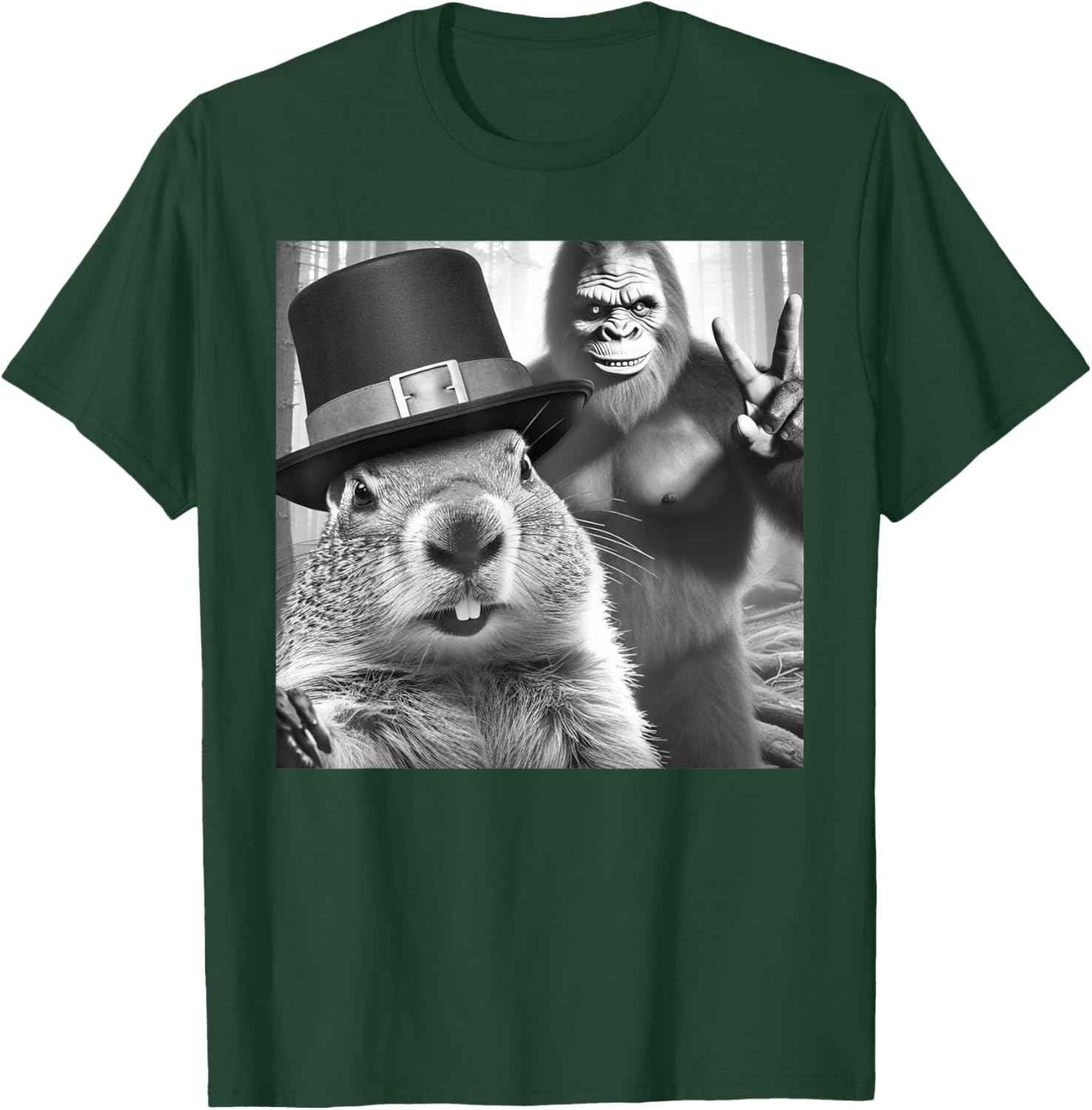 Funny Groundhog Day T-Shirt with Groundhog Taking Selfie with Bigfoot - 13
