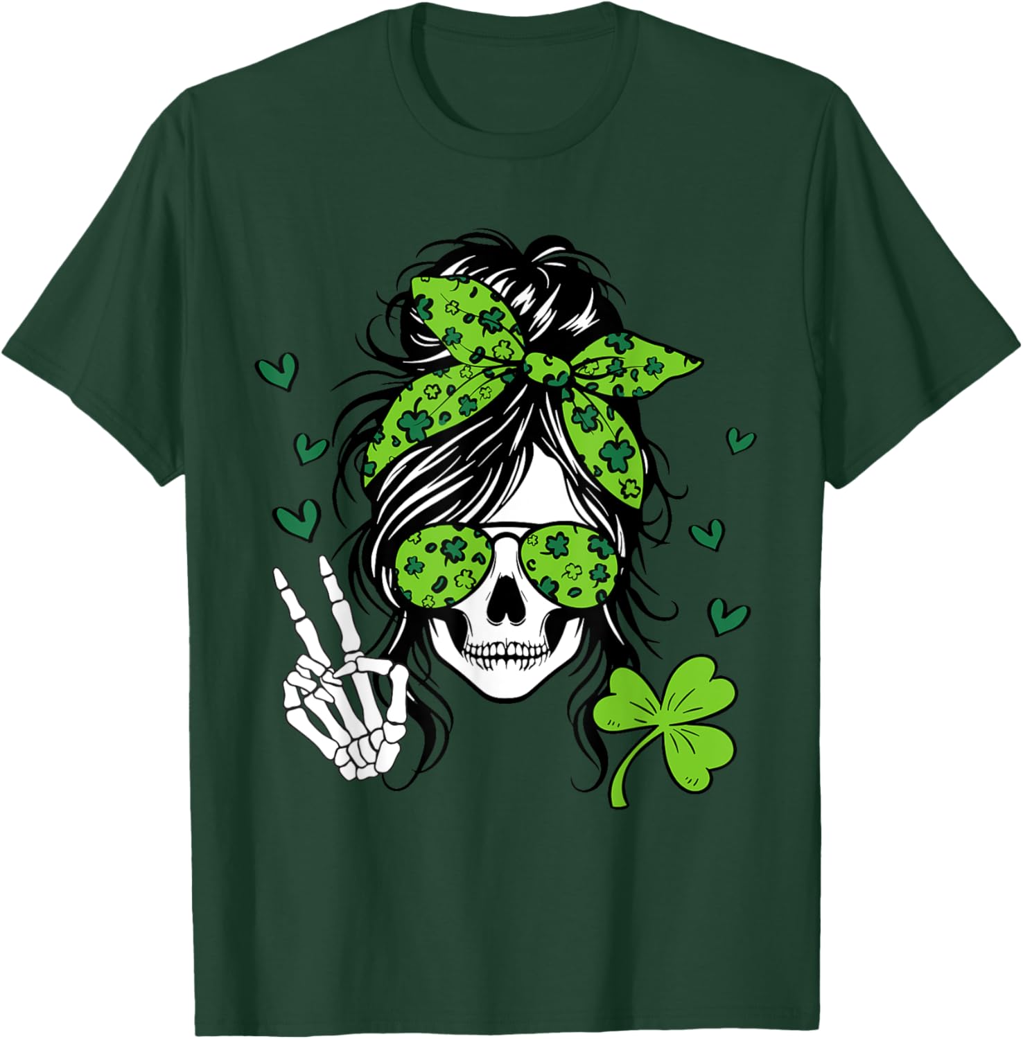 Lucky Irish Skull Girl T-Shirt for St. Patrick's Day with Messy Bun Design - 26
