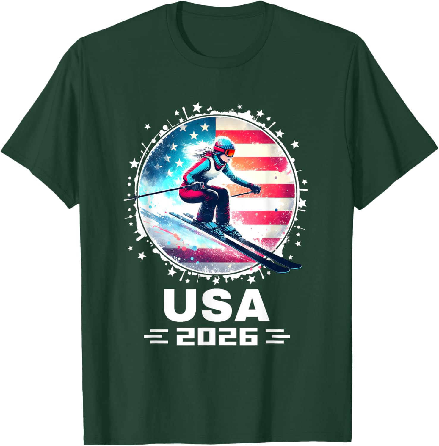 Skier USA Team 2026 Women's American Flag Skiing T-Shirt - 3