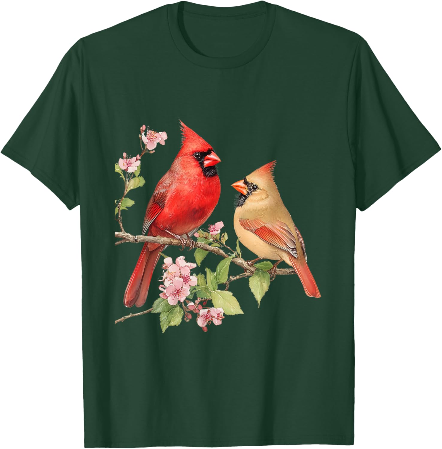 Charming Male and Female Cardinals on Cherry Blossom Branch T-Shirt - 14