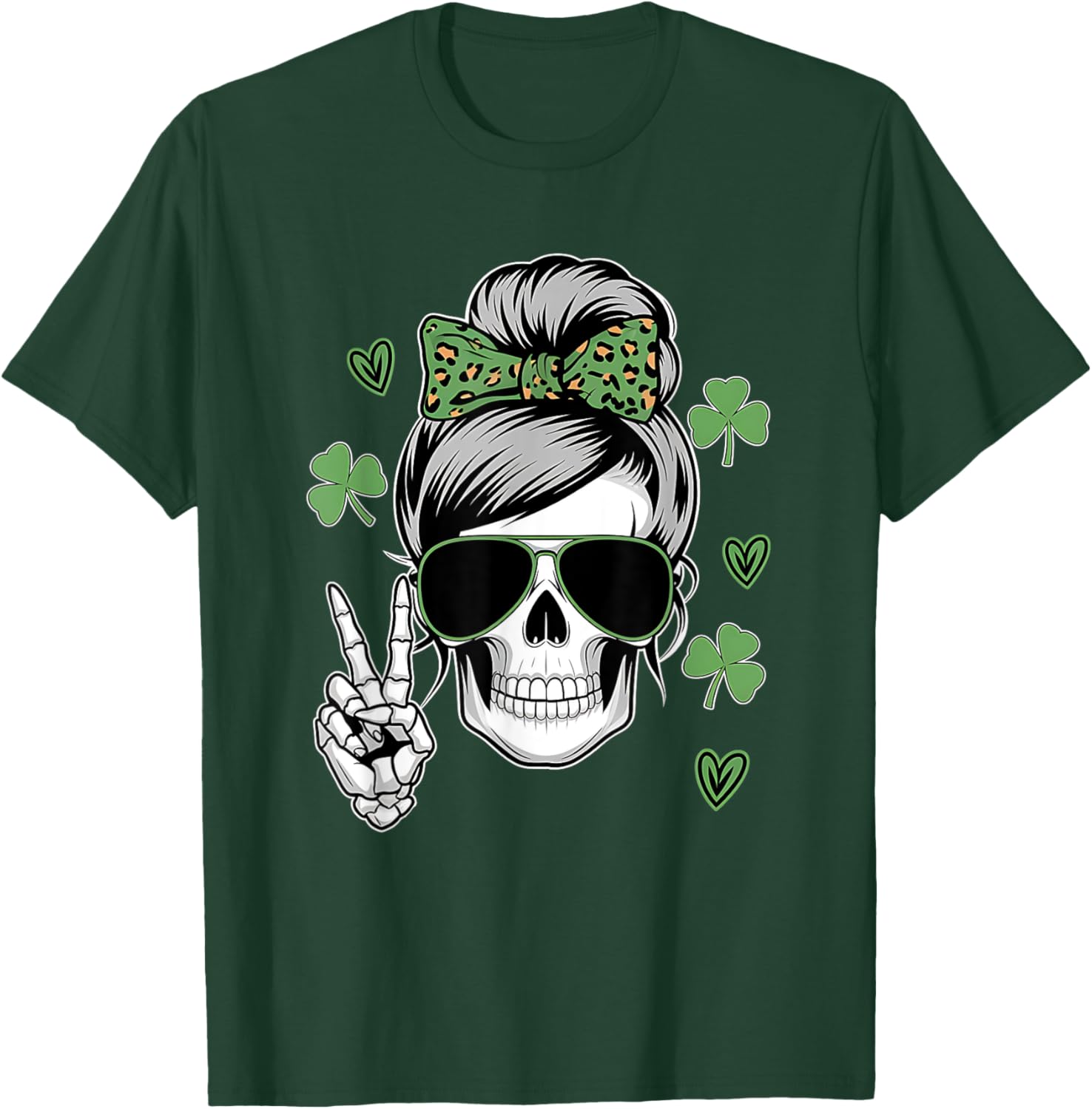 St Patricks Day Skull Messy Bun T-Shirt for Women - Fun and Stylish Wear - 16