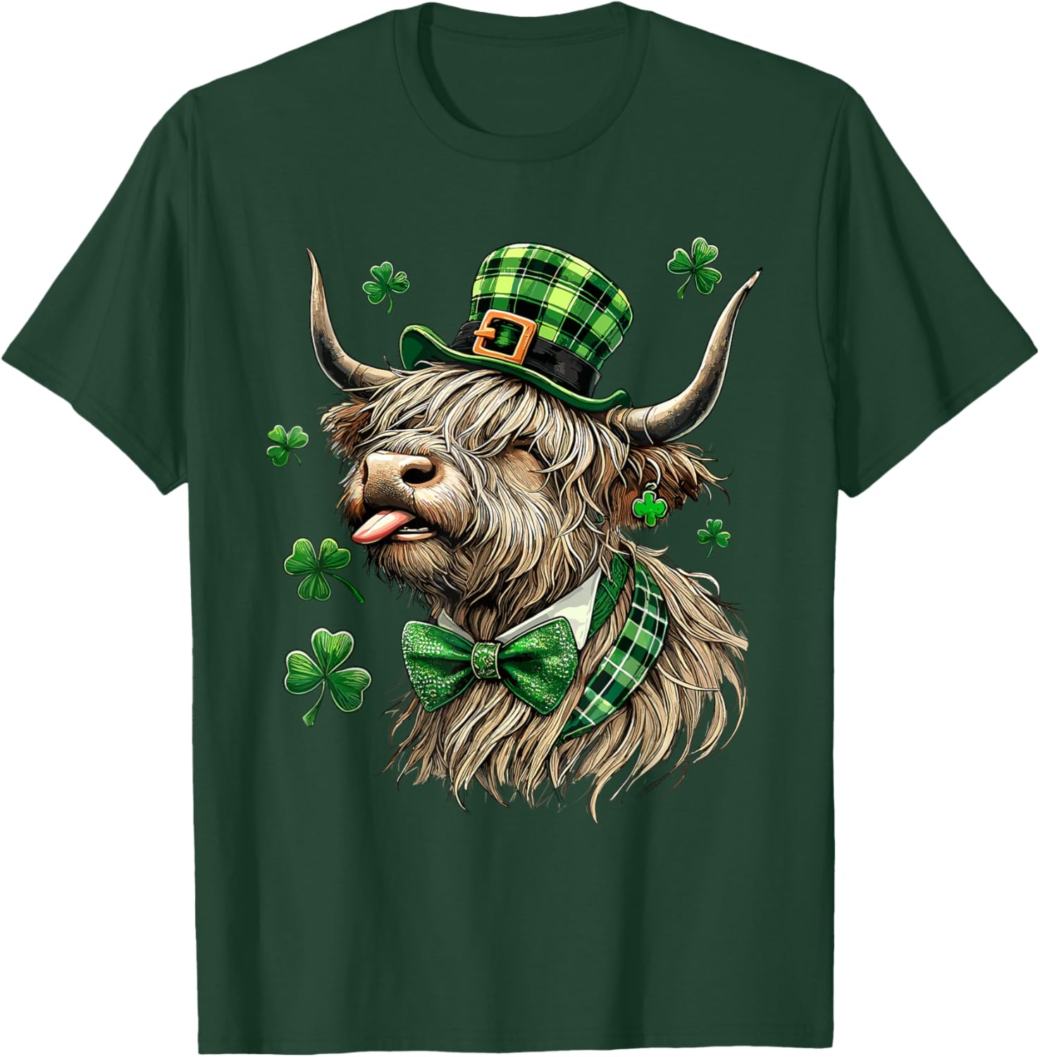 St. Patrick's Day Highland Cow T-Shirt with Lucky Shamrock Design - 8