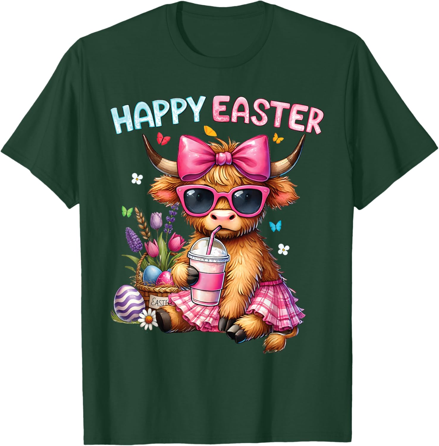 Happy Easter Highland Cow Bunny T-Shirt for Women and Kids - 18