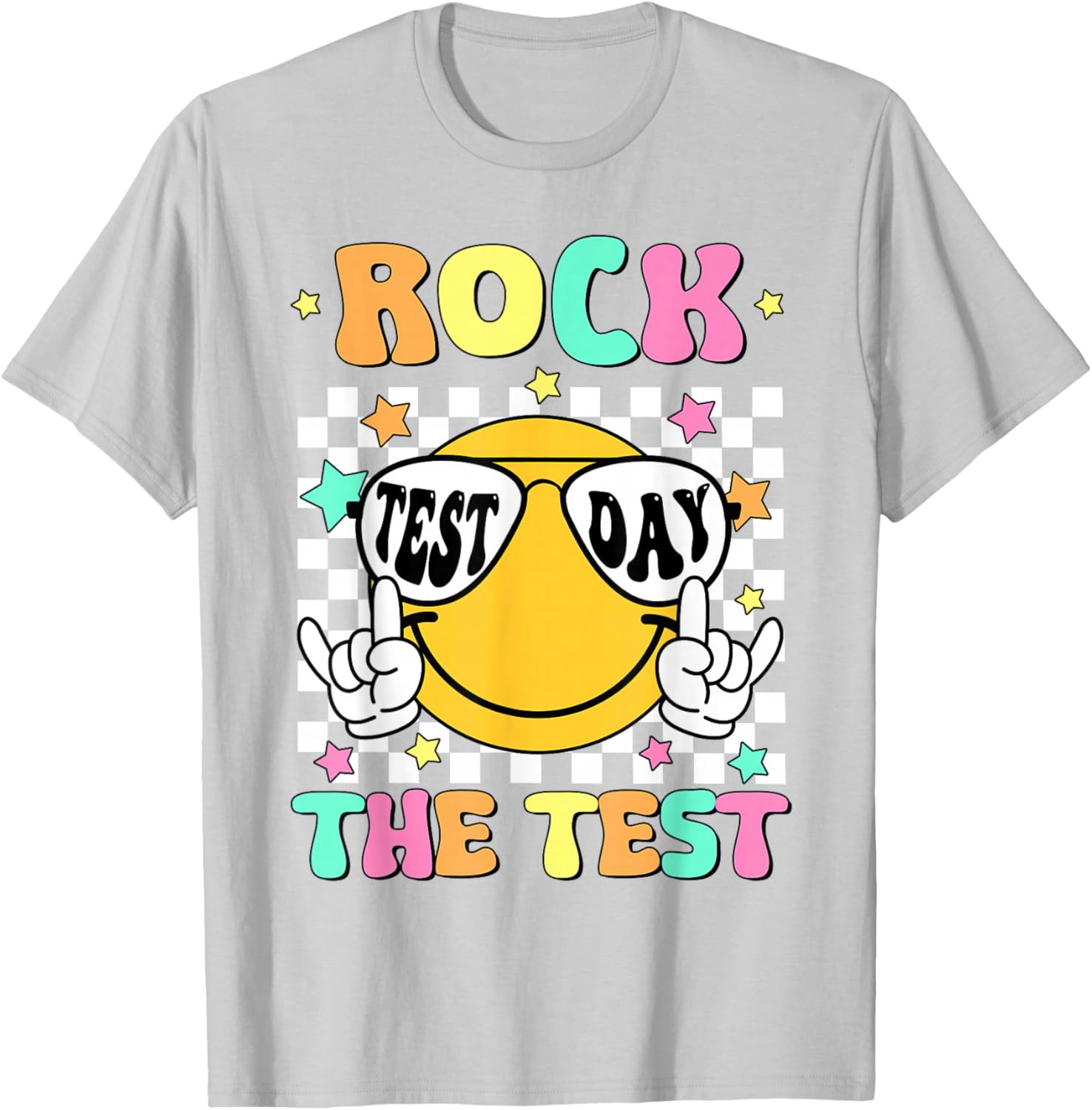 Rock the Test Teacher T-Shirt with Smile Face for Test Day Fun - 16