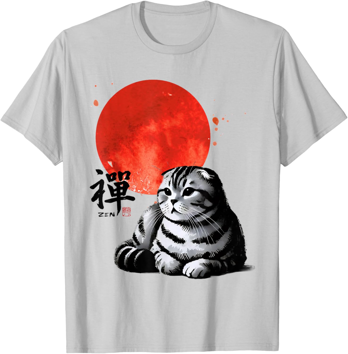 Scottish Fold Cat Sumi-e Art T-Shirt with Japanese Red Sun Design - 8