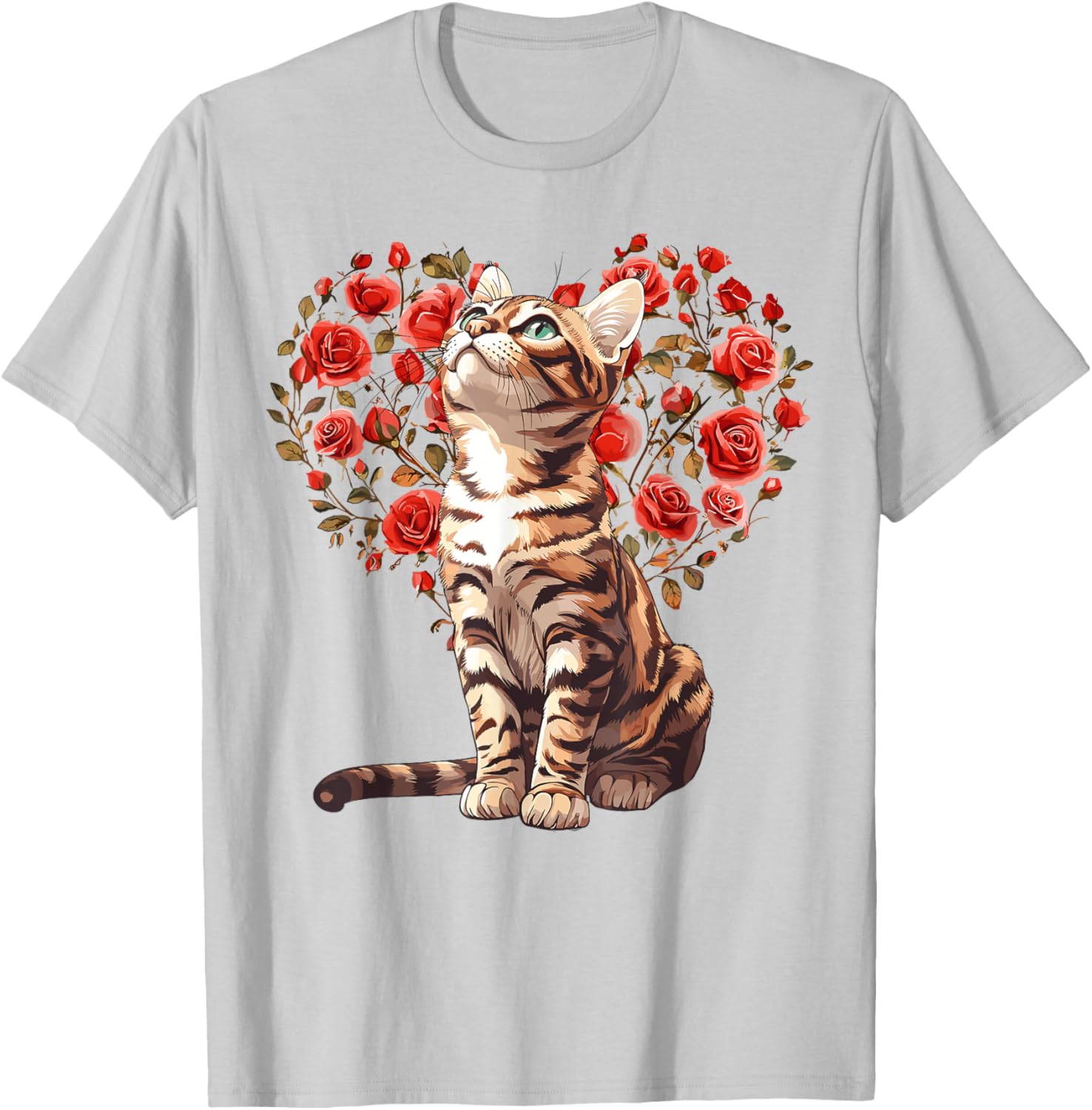 Bengal Cat Valentine's Day Heart Floral Design T-Shirt for Cat Lovers - 1