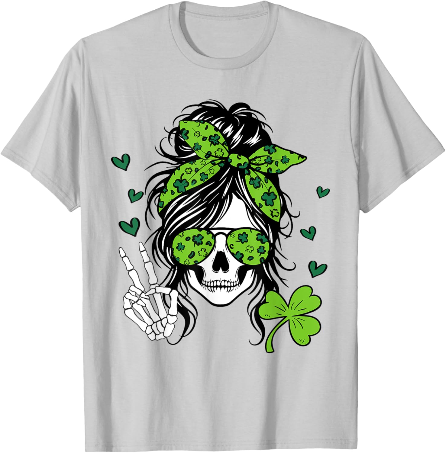 Lucky Irish Skull Girl T-Shirt for St. Patrick's Day with Messy Bun Design - 6